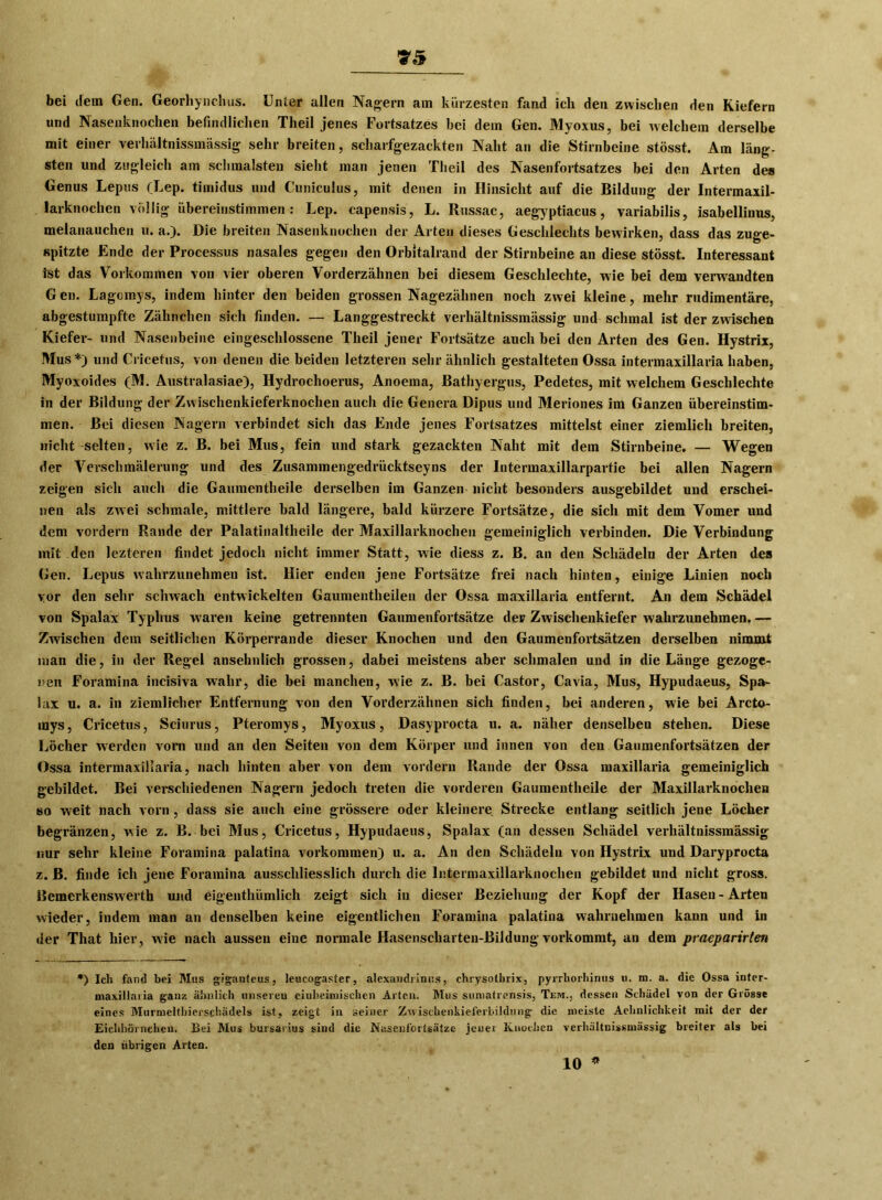 73 bei dem Gen. Georhynchus. Unter allen Nagern am kürzesten fand ich den zwischen den Kiefern und Nasenknochen befindlichen Theil jenes Fortsatzes bei dem Gen. Myoxus, bei welchem derselbe mit einer verhältnissmässig sehr breiten, scharfgezackten Naht an die Stirnbeine stösst. Am bäng- sten und zugleich am schmälsten sieht inan jenen Theil des Nasenfortsatzes bei den Arten des Genus Lepus (Lep. timidus und Cuniculus, mit denen in Hinsicht auf die Bildung der Intermaxil- larknochen völlig übereinstimmen: Lep. capensis, L. Russac, aegyptiacus, variabilis, isabellinus, melanauchen u. a.). Die breiten Nasenknochen der Arten dieses Geschlechts bewirken, dass das zuge- spitzte Ende der Processus nasales gegen den Orbitalrand der Stirnbeine an diese stösst. Interessant ist das Vorkommen von vier oberen Vorderzähnen bei diesem Geschlechte, wie bei dem verwandten G en. Lagomys, indem hinter den beiden grossen Nagezähnen noch zwei kleine, mehr rudimentäre, abgestumpfte Zähnchen sich finden. — Langgestreckt verhältnissmässig und schmal ist der zwischen Kiefer- und Nasenbeine eingeschlossene Theil jener Fortsätze auch bei den Arten des Gen. Hystrix, Mus *) und Cricetus, von denen die beiden letzteren sehr ähnlich gestalteten Ossa intermaxillaria haben, Myoxoides (M. Australasiae), Hydrochoerus, Anoema, ßathyergus, Pedetes, mit welchem Geschlechte in der Bildung der Zwischenkieferknochen auch die Genera Dipus und Meriones im Ganzen übereinstim- men. Bei diesen Nagern verbindet sich das Ende jenes Fortsatzes mittelst einer ziemlich breiten, nicht selten, wie z. B. bei Mus, fein und stark gezackten Naht mit dem Stirnbeine. — Wegen der Verschmälerung und des Zusammengedrücktseyns der Intermaxillarpartie bei allen Nagern zeigen sich auch die Gaumentheile derselben im Ganzen nicht besonders ausgebildet und erschei- nen .als zwei schmale, mittlere bald längere, bald kürzere Fortsätze, die sich mit dem Vomer und dem vordem Rande der Palatinaltheile der Maxillarknochen gemeiniglich verbinden. Die Verbindung mit den leztcren findet jedoch nicht immer Statt, wie diess z. B. an den Schädeln der Arten des Gen. Lepus wahrzunehmen ist. Hier enden jene Fortsätze frei nach hinten, einige Linien noch vor den sehr schwach entwickelten Gaumentheilen der Ossa maxillaria entfernt. An dem Schädel von Spalax Typhus w7aren keine getrennten Gaumenfortsätze der Zwischenkiefer wahrzunehmen. — Zwischen dem seitlichen Körperrande dieser Knochen und den Gaumenfortsätzen derselben nimmt man die, in der Regel ansehnlich grossen, dabei meistens aber schmalen und in die Länge gezoge- nen Foramina incisiva wahr, die bei manchen, wie z. B. bei Castor, Cavia, Mus, Hypudaeus, Spa- lax u. a. in ziemlicher Entfernung von den Vorderzähnen sich finden, bei anderen, wie bei Arcto- mys, Cricetus, Sciurus, Pteromys, Myoxus, Dasyprocta u. a. näher denselben stehen. Diese Löcher wrerdcn vom und an den Seiten von dem Körper und innen von den Gaumenfortsätzen der Ossa intermaxiliaria, nach hinten aber von dem vordem Rande der Ossa maxillaria gemeiniglich gebildet. Bei verschiedenen Nagern jedoch treten die vorderen Gaumentheile der Maxillarknochen so weit nach vorn , dass sie auch eine grössere oder kleinere Strecke entlang seitlich jene Löcher begränzen, wie z. B. bei Mus, Cricetus, Hypudaeus, Spalax (an dessen Schädel verhältnissmässig nur sehr kleine Foramina palatina Vorkommen) u. a. An den Schädeln von Hystrix und Daryprocta z. ß. finde ich jene Foramina ausschliesslich durch die Intermaxillarknochen gebildet und nicht gross. Bemerkenswerth und eigenthi'imlich zeigt sich in dieser Beziehung der Kopf der Hasen-Arten wieder, indem man an denselben keine eigentlichen Foramina palatina wahrnehmen kann und in der That hier , wie nach aussen eine normale Hasenscharteu-Bildung vorkommt, an dem praeparirten *) Ich fand bei Mus giganteus, leucogaster, alexandrinr.s, ehrysothrix, pyrrhorhinus n. m. a. die Ossa inter- niaxillaiia ganz ähnlich unseren einheimischen Arten. Mus sumatrensis, Tem., dessen Schädel von der Grösse eines Murmelthierschädels ist, zeigt in seiner Zvrischenkieferbildung die meiste Aehnlichkeit mit der der Eichhörnchen. Bei Mus bursarius sind die Nasenfortsätzc jener Knochen verhältnissmässig breiter als bei den übrigen Arten. 10 *