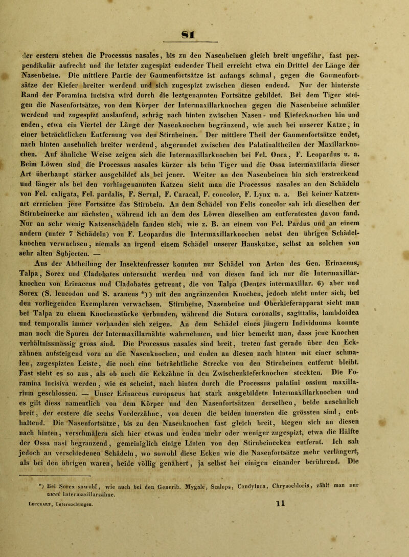 81 der erstem stellen die Processus nasales, bis zu den Nasenbeinen gleich breit ungefähr, fast per- pendikulär aufrecht und ihr letzter zugespizt endender Theil erreicht etwa ein Drittel der Länge der Nasenbeine. Die mittlere Partie der Gaumenfortsätze ist anfangs schmal, gegen die Gaumenfort- sätze der Kiefer breiter werdend und sich zugespizt zwischen diesen endend. Nur der hinterste Rand der Foramina incisiva wird durch die leztgenannten Fortsätze gebildet. Bei dem Tiger stei- gen die Nasenfortsätze, von dem Körper der Intermaxillarknochen gegen die Nasenbeine schmäler werdend und zugespizt auslaufend, schräg nach hinten zwischen Nasen - und Kieferknochen hin und enden, etwa ein Viertel der Länge der Nasenknochen begränzend, wie auch bei unserer Katze, in einer beträchtlichen Entfernung von den Stirnbeinen. Der mittlere Theil der Gaumenfortsätze endet, nach hinten ansehnlich breiter werdend, abgerundet zwischen den Palatinaltheilen der Maxillarkno- chen. Auf ähnliche Weise zeigen sich die Intermaxillarknochen bei Fel. Onca, F. Leopardus u. a. Beim Löwen sind die Processus nasales kürzer als beim Tiger und die Ossa intermaxillaria dieser Art überhaupt stärker ausgebildet als bei jener. Weiter an den Nasenbeinen hin sich erstreckend und länger als bei den vorhingenannten Katzen sieht man die Processus nasales an den Schädeln von Fel. caligata, Fel. pardalis, F. Serval, F. Caracal, F. concolor, F. Lynx u. a. Bei keiner Katzen- art erreichen jene Fortsätze das Stirnbein. An dem Schädel von Felis concolor sah ich dieselben der Stirnbeinecke am nächsten, während ich an dem des Löwen dieselben am entferntesten davon fand. Nur an sehr wenig Katzenschädeln fanden sich, wie z. B. an einem von Fel. Pardus und an einem andern (unter 7 Schädeln) von F. Leopardus die Intermaxillarknochen nebst den übrigen Schädel- knochen verwachsen, niemals an irgend einem Schädel unserer Hauskatze, selbst an solchen von sehr alten Subjecten. — Aus der Abtheilung der Insektenfresser konnten nur Schädel von Arten des Gen. Erinaceus, Talpa, Sorcx und Cladobates untersucht werden und von diesen fand ich nur die Intermaxillar- knochen von Erinaceus und Cladobates getrennt, die von Talpa (Dentes intermaxillar. 6) aber und Sorex (S. leucodon und S. araneus *)) mit den angränzenden Knochen, jedoch nicht unter sich, bei den vorliegenden Exemplaren verwachsen. Stirnbeine, Nasenbeine und Oberkieferapparat sieht man bei Talpa zu einem Knochenstücke verbunden, während die Sutura coronalis, sagittalis, lambdoidea und temporalis immer vorhanden sich zeigen. An dem Schädel eines jüngern Individuums konnte man noch die Spuren der lntermaxillarnähte wahrnehmen, und hier bemerkt man, dass jene Knochen verhältnissmässig gross sind. Die Processus nasales sind breit, treten fast gerade über den Eck- zähnen aufsteigend vorn an die Nasenknochen, und enden an diesen nach hinten mit einer schma- len, zugespizten Leiste, die noch eine beträchtliche Strecke von den Stirnbeinen entfernt bleibt. Fast sieht es so aus, als ob auch die Eckzähne in den Zwischenkieferknochen steckten. Die Fo- ramina incisiva werden , wie es scheint, nach hinten durch die Processus palatini ossium maxilla- rium geschlossen. — Unser Erinaceus europaeus hat stark ausgebildete Intermaxillarknochen und es gilt diess namentlich von dem Körper und den Nasenfortsätzen derselben, beide ansehnlich breit, der erstere die sechs Vorderzähne, von denen die beiden innersten die grössten sind, ent- haltend. Die Nasenfortsätze, bis zu den Naseuknochen fast gleich breit, biegen sich an diesen nach hinten, verschmälern sich hier etwas und enden mehr oder xveniger zugespizt, etwa die Hälfte der Ossa nasi begränzend, gemeiniglich einige Linien von den Stirnbeinecken entfernt. Ich sah jedoch an verschiedenen Schädeln, wo sowohl diese Ecken wie die Nasenfortsätze mehr verlängert, als bei den übrigen waren, beide völlig genähert, ja selbst bei einigen einander berührend. Die ') Bei Sorex sowohl, wie auch hei den Generib. Mygale, Scalops, Condylura, Chrysochloris, zahlt man nur zwei lnterinaxillarzähnc.