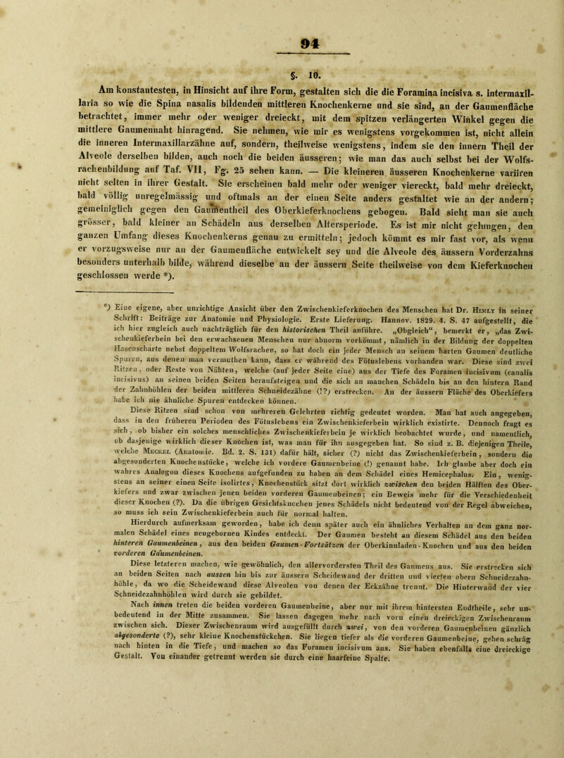 Am konstantesten, in Hinsicht auf ihre Form, gestalten sich die die Foramina incisiva s. intermaxil- laria so wie die Spina nasalis bildenden mittleren Knochenkerne und sie sind, an der Gaumenfläche betrachtet, immer mehr oder weniger dreieckt, mit dem spitzen verlängerten Winkel gegen die mittlere Gaumennaht hinragend. Sie nehmen, wie mir es wenigstens vorgekommen ist, nicht allein die inneren Intermaxillarzähne auf, sondern, theilweise wenigstens, indem sie den innern Th eil der Aheole derselben bilden, auch noch die beiden äusseren; wie man das auch selbst bei der Wolfs- rachenbildung auf laf. VII, Fg. 25 sehen kann. — Die kleineren äusseren Knochenkerne variiren nicht selten in ihrer Gestalt. Sie erscheinen bald mehr oder weniger viereckt, bald mehr dreieckt, bald völlig unregelmässig und oftmals an der einen Seite anders gestaltet wie an der andern; gemeiniglich gegen den Gaumentheil des Oberkieferknochens gebogen. Bald sieht man sie auch grösser, bald kleiner an Schädeln aus derselben Altersperiode. Es ist mir nicht gelungen, den ganzen Umfang dieses Knochenkerns genau zu ermitteln; jedoch kömmt es mir fast vor, als wenn er vorzugsweise nur an der Gaumenfläche entwickelt sey und die Alveole des äussern Vorderzahns besonders unterhalb bilde, während dieselbe an der äussern Seite theilweise von dem Kieferknochen geschlossen werde *). ) Eine eigene, aber unrichtige Ansicht über den Zwischenkieferknochen des Menschen hat Dr. Himly in seiner Schrift: Beiträge zur Anatomie und Physiologie. Erste Lieferung. Hannov. 1829. 4. S. 47 aufgestellt, die ich hier zugleich auch nachträglich für den historischen Theil anführe. „Obgleich“, bemerkt er, „das Zwi- schcukieferbein bei den erwachsenen Menschen nur abnorm vorkömmt, nämlich in der Bildung der doppelten Hasenscharte nebst doppeltem Wolfsrachen, so hat doch ein jeder Mensch an seinem harten Gaumen deutliche Spuren, aus denen man vermuthen kann, dass er während des Fötuslebens vorhanden war. Diese sind zwei Ritzen, oder Reste von Nähten, welche (auf jeder Seite eine) aus der Tiefe des Foramen iucisivum (canalis sncjsivus) an seinen beiden Seiten heraufsteigen und die sich an manchen Schädeln bis an den hintern Rand der Zahnhöhlen der beiden mittleren Schneidezähne (!?; erstrecken. An der äussern Fläche des Oberkiefers habe ich nie ähnliche Spuren entdecken können. Diese Ritzen sind schon von mehreren Gelehrten richtig gedeutet worden. Man hat auch angegeben, dass in den früheren Perioden des Fötuslebens ein Zwischenkieferbein wirklich existirte. Dennoch fragt es sich, ob bisher ein solches menschliches Zwischenkieferbein je wirklich beobachtet wurde, und namentlich, ob dasjenige wirklich dieser Knochen ist, was man für ihn ausgegeben hat. So sind z. B. diejenigen Theile, uelciie Meckel (Anatomie. Bd. 2. S. 131) dafür hält, sicher (?) nicht das Zwischenkieferbein, sondern die abgesonderten Knochenstücke, welche ich vordere Gaumenbeine (!) genannt habe. Ich glaube aber doch ein wahres Analogon dieses Knochens aufgefunden zu haben an dem Schädel eines Hemicephalus. Ein, wenig- stens an seiner einen Seite isolirtes, Knochenstück sitzt dort wirklich zwischen den beiden Hälften des Ober- kiefers und zwar zwischen jenen beiden vorderen Gaumenbeinen; ein Beweis mehr für die Verschiedenheit dieser Knochen (?). Da die übrigen Gesichtsknochen jenes Schädels nicht bedeutend von der Regel abweichen, so muss ich sein Zwischenkieferbein auch für normal halten. Hierdurch aufmerksam geworden, habe ich denn später auch ein ähnliches Verhalten an dem ganz nor- malen Schädel eines ncugebornen Kindes entdeckt. Der Gaumen besteht au diesem Schädel aus den beiden hinteren Gaumenbeinen, aus den beiden Gaumen-Fortsätzen der Oberkinnladen-Knochen und aus den beiden vorderen Gaumenbeinen. Diese letzteren machen, wie gewöhnlich, den allervordersten Theil des Gaumens aus. Sie erstrecken sich an beiden Seiten nach aussen hin bis zur äussern Scheidewand der dritten und vierten obern Schueidczahn- höhle, da wo die Scheidewand diese Alveolen von denen der Eckzähne trennt. Die Hinterwand der vier Schneidezahnhöhlen wird durch sie gebildet. Nach innen treten die beiden vorderen Gaumenbeine, aber nur mit ihrem hintersten Endtheile, sehr un- bedeutend in der Mitte zusammen. Sie lassen dagegen mehr nach vorn einen dreieckigen Zwischenraum zwischen sich. Dieser Zwischenraum wird ausgefüllt durch zwei, von den vorderen Gaumenbeinen gänzlich abgesonderte (?), sehr kleine Knochenstückchen. Sie liegen tiefer als die vorderen Gaumenbeine, gehen schräg nach hinten in die Tiefe, und machen so das Foramen incisivum aus. Sie haben ebenfalls eine dreieckige Gestalt. Von einander getrennt werden sie durch eine haarfeine Spalte.
