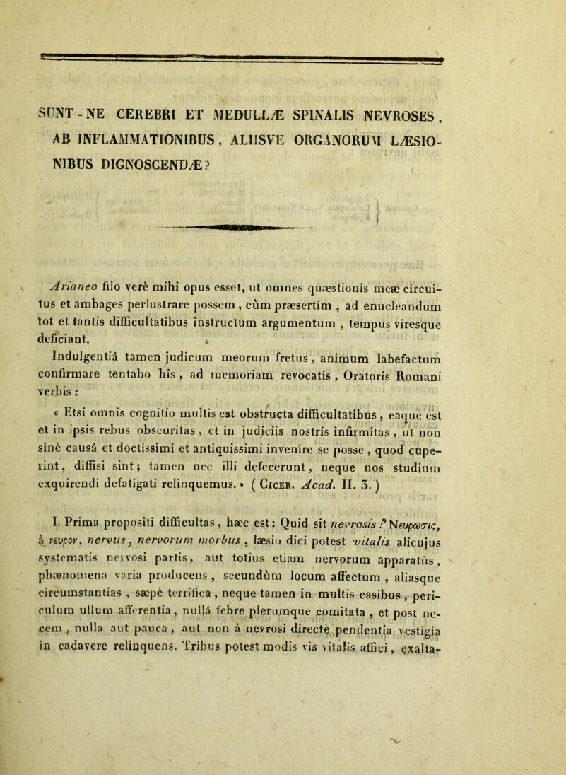 SUNT-NE CEREBRI ET MEDULLyE SPINALIS NEVROSES , AB INFLAMMATIONIBUS , ALIISVE ORGANORUM L^SIO^ NIBUS DIGNOSCENDA? ^ , Arianeo filo ver^3 mihi opus esset, ut omnes quaestionis meae circui- tus et ambages perlustrare possem , cum praesertim , ad enucleandum tot et tantis difficultatibus instructum argumentum , tempus viresque deficiant. * Indulgentia tamen judicum meorum fretus, animum labefactum confirmare tentabo his , ad memoriam revocatis , Oratoris Romani verbis ; « Etsi omnis cognitio multis est obstructa difficultatibus, eaque est et in ipsis rebus obscuritas, et in judiciis nostris infirmitas , ut non sine causa et doctissimi et antiquissimi invenire se posse , quod' cupe- rint, diffisi sint; tamen nec illi defecerunt, neque nos studium exquirendi defatigati relinquemus.» ( Cicer. Acad. II. 3.) I. Prima propositi difficultas, haec est: Quid sit ne v rosis avtupov, nervusj nervorum morbus , laesio dici potest 'vitalis alicujus systematis nervosi partis, aut totius etiam nervorum apparatus, phaenomena varia producens, secundum locum affectum, aliasque circumstantias , saepe terrifica , neque tamen in multis casibus , peri- culum ullum afferentia, nulla febre plerumque comitata , et post ne- cem , nulla aut pauca, aut non a nevrosi directe,pendentia vestigia in cadavere relinquens. Tribus potest modis vis vitalis affici, ^xalta- /