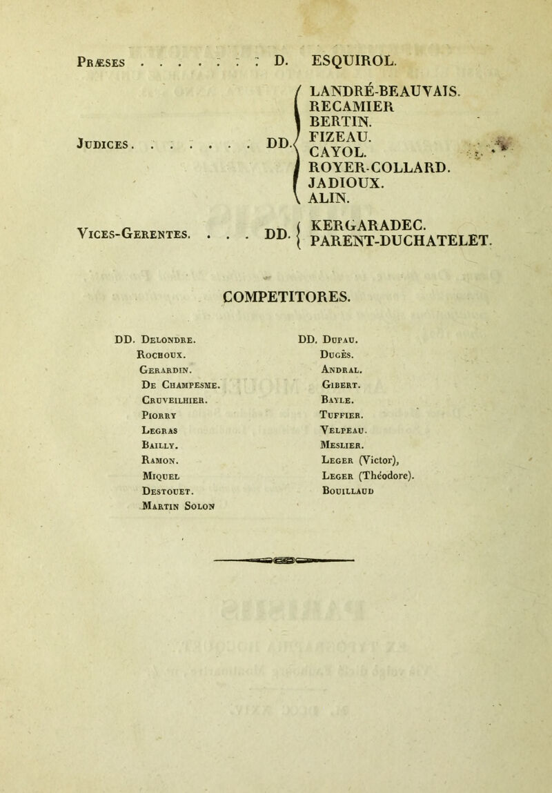 Pr^ses Judices : : : D. ESQUIROL. iLANDRE-BEAUVATS. RECAMIER BERTIN. FIZEAU. CAYOL. ROYER-COLLARD. JADIOUX. ALIN. Vices-Gerentes. ( KERGARADEC. ( PARENT-DUCHATELET. COMPETITORES. DD. Delondre. Rochoex. Gerardin. De Champesme. Cruveilhieh. PlORRY Legras Bailly. Ramon. Miquel Destodet. Martin Solon DD, Dhpau, Duces. Andral. Gibert. Bayle. Tuffier. Velpeau. Meslier, Leger (Victor), Leger (Theodore). Bouillaud