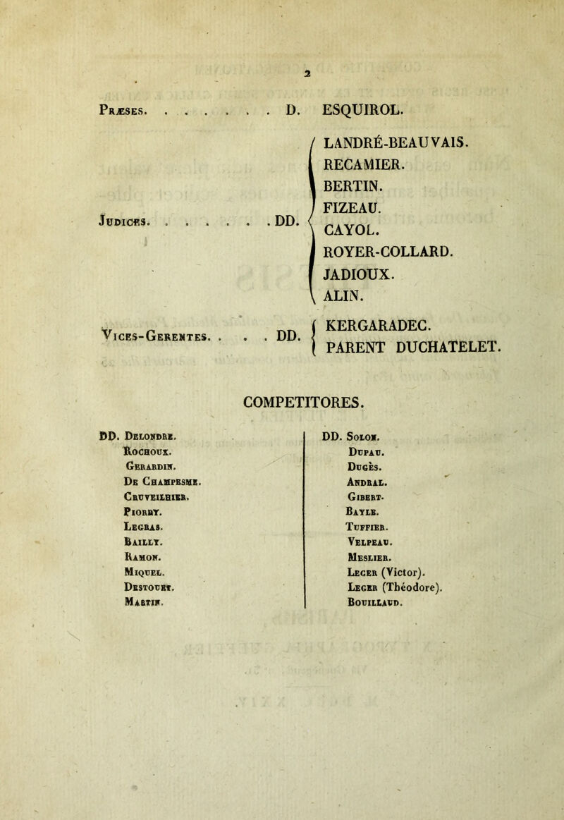 Fræses D. ESQUIROL. JuDicfis . DD. Vices-Gerentes. DD. LANDRÉ-BEAUVAIS. RECAMIER. BERTIN. FIZEAU. CAYOL. ROYER-COLLARD. JADIOUX. ALIN. KERGARADEC. PARENT DUCHATELET. COMPETITORES. DD. Delondrk. DD. SOLOK. Rochoux. Dupau. Gerabdih. Dcgès. De CHA.IIPBSII1E. Ardrai.. C&VTEUHIBR. Gibert. PlORBT. Batlb. Legras. Tuffier. Sailet. Velpeau. Rauon. Meslier. Miquel. Lecer (Victor). Dbstoubt. Legxr (Théodore). Mabtir. Bouillavd.