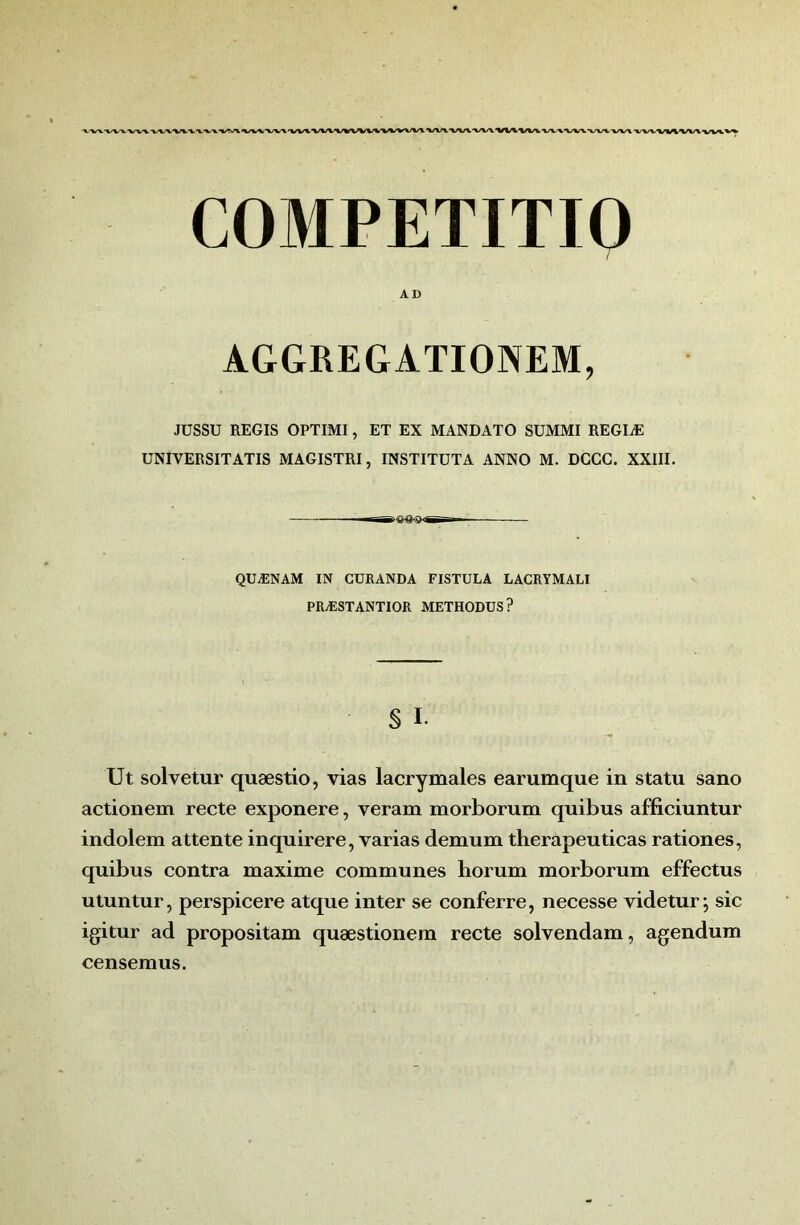 COMPETITIO AD AGGREGATIONEM, JÜSSU REGIS OPTIMI, ET EX MANDATO SUMMI REGIÆ UNIVERSITATIS MAGISTRI, INSTITUTA ANNO M. DCCC. XXIII. —— QUÆNAM IN CURANDA FISTULA LACRYMALI PRÆSTANTIOR METHODUS? § I. Ut solvetur quæstio, vias lacrymales earumque in statu sano actionem recte exponere, veram morborum quibus afficiuntur indolem attente inquirere, varias demum therapeuticas rationes, quibus contra maxime communes horum morborum effectus utuntur, perspicere atque inter se conferre, necesse videtur, sic igitur ad propositam quæstionem recte solvendam, agendum censemus.