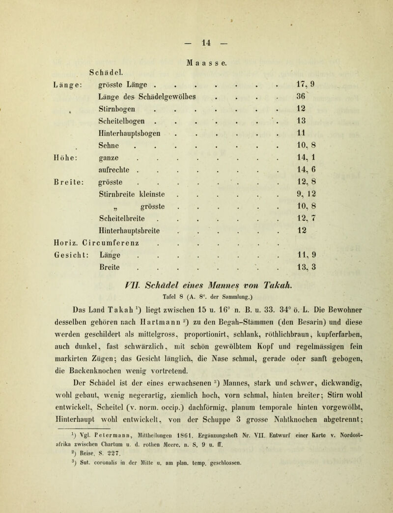 M a a s s e. Schä del. Länge: grösste Länge ....... 17,9 Länge des Schädelgewölbes .... 36 , Stirnbogen ....... 12 Scheitelbogen . . . . . . . 13 Hinterhauptsbogen . . . . . . 11 Sehne ........ 10, 8 Höhe: ganze . . . . . . . . 14, 1 aufrechte ........ 14, 6 Breite: grösste . . . . . . . . 12,8 Stirnbreite kleinste . . . . . . 9, 12 „ grösste . . . . . . 10, 8 Scheitelbreite . . . . . . . 12, 7 Hinterhauptsbreite . . . . . 12 Horiz. Circumferenz ....... Gesicht: Länge ........ 11, 9 Breite . . . . . . . . 13, 3 FII. Schädel eines Mannes von Takah. Tafel 8 (A. 8°. der Sammlung.) Das Land Takah1) liegt zwischen 15 u. 16° n. B. u. 33. 34° ö. L. Die Bewohner desselben gehören nach Hartmann 2) zu den Begah-Stämmen (den Besann) und diese werden geschildert als mittelgross, proportionirt, schlank, röthlichbraun, kupferfarben, auch dunkel, fast schwärzlich, mit schön gewölbtem Kopf und regelmässigen fein markirten Zügen; das Gesicht länglich, die Nase schmal, gerade oder sanft gebogen, die Backenknochen wenig vortretend. Der Schädel ist der eines erwachsenen 3) Mannes, stark und schwer, dickwandig, wohl gebaut, wenig negerarlig, ziemlich hoch, vorn schmal, hinten breiter; Stirn wohl entwickelt, Scheitel (v. norm, occip.) dachförmig, planum temporale hinten vorgewölbt, Hinterhaupt wohl entwickelt, von der Schuppe 3 grosse Nahtknochen abgetrennt; x) Vgl. Peiermann, Mitlheilungen 1861. Ergänzungsheft Nr. VII. Entwurf einer Karte v. Nordost- afrika zwischen Chartum u. d. rothen Meere, n. S. 9 u. ff. 2) Reise, S. 227. 3) Sut. coronalis in der Milte u. am plan. temp. geschlossen.