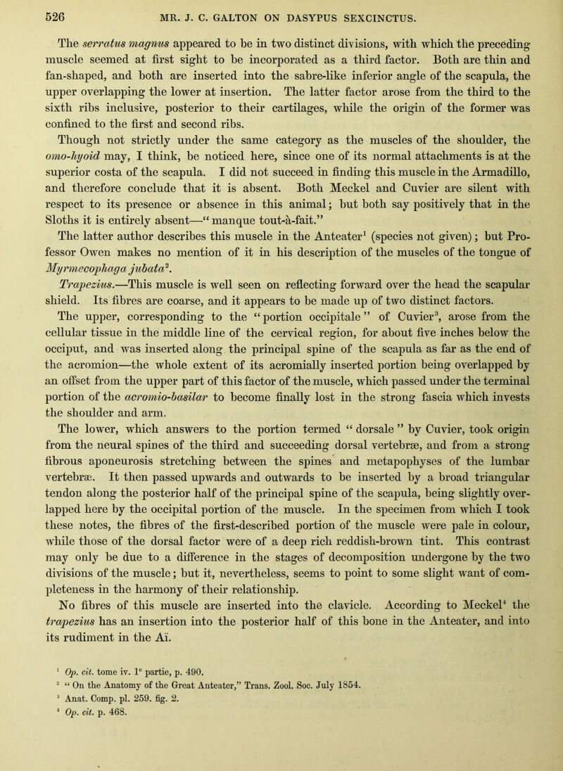 The serratm magrms appeared to be in two distinct divisions, with which the preceding muscle seemed at first sight to he incorporated as a third factor. Both are thin and fan-shaped, and both are inserted into the sahre-like inferior angle of the scapula, the upper overlapping the lower at insertion. The latter factor arose from the third to the sixth ribs inclusive, posterior to their cartilages, while the origin of the former was confined to the first and second ribs. Though not strictly under the same category as the muscles of the shoulder, the omo-hyoid may, I think, be noticed here, since one of its normal attachments is at the superior costa of the scapula. I did not succeed in finding this muscle in the Armadillo, and therefore conclude that it is absent. Both Meckel and Cuvier are silent with respect to its presence or absence in this animal; hut both say positively that in the Sloths it is entirely absent—“ manque tout-a-fait.” The latter author describes this muscle in the Anteater^ (species not given); but Pro- fessor Owen makes no mention of it in his description of the muscles of the tongue of Myrmecojyhaga juhata^. Traiyezms.—This muscle is well seen on reflecting forward over the head the scapular shield. Its fibres are coarse, and it appears to be made up of two distinct factors. The upper, corresponding to the “portion occipitale ” of Cuvier®, arose from the cellular tissue in the middle line of the cervical region, for about five inches below the occiput, and was inserted along the principal spine of the scapula as far as the end of the acromion—the whole extent of its acromially inserted portion being overlapped by an offset from the upper part of this factor of the muscle, which passed under the terminal portion of the acromio-hasilar to become finally lost in the strong fascia which invests the shoulder and arm. The lower, which answers to the portion termed “ dorsale ” by Cuvier, took origin from the neural spines of the third and succeeding dorsal vertebrae, and from a strong- fibrous aponeurosis stretching between the spines and metapophyses of the lumbar vertebrae. It then passed upwards and outwards to be inserted by a broad triangular tendon along the posterior half of the principal spine of the scapula, being slightly over- lapped here by the occipital portion of the muscle. In the specimen from which I took these notes, the fibres of the first-described portion of the muscle were pale in colour, while those of the dorsal factor were of a deep rich reddish-brown tint. This contrast may only be due to a difference in the stages of decomposition undergone by the two divisions of the muscle; but it, nevertheless, seems to point to some slight want of com- pleteness in the harmony of their relationship. No fibres of this muscle are inserted into the clavicle. According to MeckeB the trapezius has an insertion into the posterior half of this bone in the Anteater, and into its rudiment in the Ai. ‘ Op. cit. tome iv. 1® partie, p. 490. ^ “ On the Anatomy of the Great Anteater,” Trans. Zool. Soc. July 1854. ^ Anat. Comp. pi. 259. fig. 2. ^ Op. cit. p. 468.
