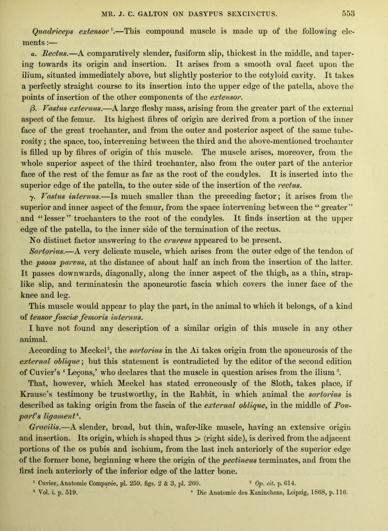 Quadriceps extensor'^.—This compound muscle is made up of the following ele- ments :— a. Mectus.—A comparatively slender, fusiform slip, thickest in the middle, and taper- ing towards its origin and insertion. It arises from a smooth oval facet upon the ilium, situated immediately above, but slightly posterior to the eotyloid cavity. It takes a perfectly straight course to its insertion into the upper edge of the patella, above the points of insertion of the other components of the extensor. j3. Vastus externus.—A large fleshy mass, arising from the greater part of the external aspect of the femur. Its highest fibres of origin are derived from a portion of the inner face of the great troehanter, and from the outer and posterior aspect of the same tube- rosity ; the space, too, intervening between the third and the above-mentioned trochanter is filled up by fibres of origin of this musele. The muscle arises, moreover, from the whole superior aspect of the third trochanter, also from the outer part of the anterior face of the rest of the femur as far as the root of the condyles. It is inserted into the superior edge of the patella, to the outer side of the insertion of the rectus. 7. Vastus internus.—Is much smaller than the preceding faetor; it arises from the superior and inner aspect of the femur, from the space intervening between the “ greater” and “lesser” trochanters to the root of the condyles. It finds insertion at the upper edge of the patella, to the inner side of the termination of the rectus. No distinct factor answering to the crureus appeared to be present. Sartorius.—A very delicate muscle, which arises from the outer edge of the tendon of the psoas parvus, at the distance of about half an inch from the insertion of the latter. It passes downwards, diagonally, along the inner aspect of the thigh, as a thin, strap- like slip, and terminatesin the aponeurotic fascia which covers the inner face of the knee and leg. This muscle would appear to play the part, in the animal to which it belongs, of a kind of tensor fascice femoris internus. I have not found any description of a similar origin of this muscle in any other animal. According to MeckeP, the sartorius in the Ai takes origin from the aponeurosis of the external oblique; but this statement is contradicted by the editor of the second edition of Cuvier’s ‘ Le9ons,’ who declares that the muscle in question arises from the ilium That, however, which Meckel has stated erroneously of the Sloth, takes place, if Krause’s testimony be trustworthy, in the Rabbit, in Avhich animal the sartorius is described as taking origin from the fascia of the external oblique, in the middle of Pou- part's ligamenV. Gracilis.—A slender, broad, but thin, wafer-like muscle, having an extensive origin and insertion. Its origin, which is shaped thus > (right side), is derived from the adjacent portions of the os pubis and ischium, from the last inch anteriorly of the superior edge of the former bone, beginning where the origin of the pectineus terminates, and from the first incb anteriorly of the inferior edge of the latter bone. * Cuvier, Anatomie Comparee, pi. 259, figs. 2 & 3, pi, 260. * Op. cit. p. 614. ^ Vol. i. p. 519. ■' Die Anatomie des Kaninchens, Leipzig, 1868, p. 116.