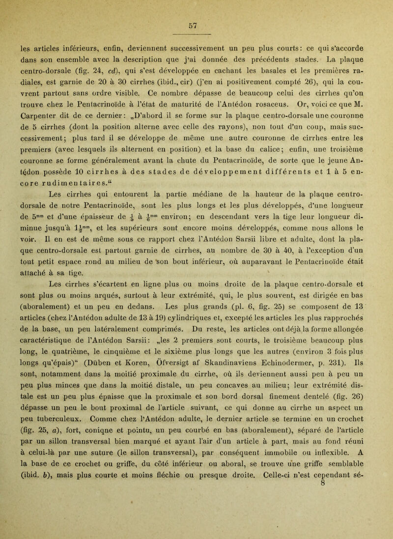 les articles inférieurs, enfin, deviennent successivement un peu plus courts: ce qui s’accorde dans son ensemble avec la description que j’ai donnée des précédents stades. La plaque centro-dorsale (fig. 24, cd), qui s’est développée en cachant les basales et les premières ra- diales, est garnie de 20 à 30 cirrhes (ibid., cir) (j’en ai positivement compté 26), qui la cou- vrent partout sans ordre visible. Ce nombre dépasse de beaucoup celui des cirrhes qu’on trouve chez le Pentacrinoïde à l’état de maturité de l’Antédon rosaceus. Or, voici ce que M. Carpenter dit de ce dernier : „D’abord il se forme sur la plaque centro-dorsale une couronne de 5 cirrhes (dont la position alterne avec celle des rayons), non tout d’un coup, mais suc- cessivement; plus tard il se développe de même une autre couronne de cirrhes entre les premiers (avec lesquels ils alternent en position) et la base du calice; enfin, une troisième couronne se forme généralement avant la chute du Pentacrinoïde, de sorte que le jeune An- tqdon possède 10 cirrhes à des stades de développement différents et 1 à 5 en- core rudimen taires.“ Les cirrhes qui entourent la partie médiane de la hauteur de la plaque centro- dorsale de notre Pentacrinoïde, sont les plus longs et les plus développés, d’une longueur de 5” et d’une épaisseur de à environ; en descendant vers la tige leur longueur di- minue jusqu’à et les supérieurs sont encore moins développés, comme nous allons le voir. Il en est de même sous ce rapport chez l’Antédon Sarsii libre et adulte, dont la pla- que centro-dorsale est partout garnie de cirrhes, au nombre de 30 à 40, à l’exception d’un tout petit espace rond au milieu de son bout inférieur, où auparavant le Pentacrinoïde était attaché à sa tige. Les cirrhes s’écartent en ligne plus ou moins droite de la plaque centro-dorsale et sont plus ou moins arqués, surtout à leur extrémité, qui, le plus souvent, est dirigée en bas (aboralement) et un peu en dedans. Les plus grands (pl. 6, fig. 25) se composent de 13 articles (chez l’Antédon adulte de 13 à 19) cylindriques et, excepté les articles les plus rapprochés de la base, un peu latéralement comprimés. Du reste, les articles ont déjà la forme allongée caractéristique de l’Antédon Sarsii: „les 2 premiers sont courts, le troisième beaucoup plus long, le quatrième, le cinquième et le sixième plus longs que les autres (environ 3 fois plus longs qu’épais)“ (Düben et Koren, Ôfversigt af Skandinaviens Echinodermer, p. 231). Ils sont, notamment dans la moitié proximale du cirrhe, où ils deviennent aussi peu à peu un peu plus minces que dans la moitié distale, un peu concaves au milieu; leur extrémité dis- tale est un peu plus épaisse que la proximale et son bord dorsal finement dentelé (fig. 26) dépasse un peu le bout proximal de l’article suivant, ce qui donne au cirrhe un aspect un peu tuberculeux. Comme chez l’Antédon adulte, le dernier article se termine en un crochet (fig. 25, a), fort, coniqne et pointu, un peu courbé en bas (aboralement), séparé de l’article par un sillon transversal bien marqué et ayant l’air d’un article à part, mais au fond réuni à celui-là par une suture (le sillon transversal), par conséquent immobile ou inflexible. A la base de ce crochet ou griffe, du côté inférieur ou aboral, se trouve une griffe semblable (ibid. 6), mais plus courte et moins fléchie ou presque droite. Celle-ci n’est cependant sé- 8