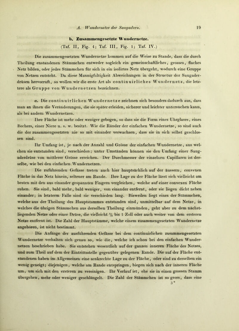 b. Zusammengesetzte W’iiiidernetze. (Taf. II, Fig. 4; Taf. III, Fig. 1; Taf. IV.) Die zusammengesetzten Wundernetze kommen auf die Weise zu Stande, dass die durch 'I'heilung enstandenen Stämmchen entweder sogleich ein gemeinschaftliches, grosses, flaches ' Netz bilden, oder jedes Stämmchen für sich in ein isolirtes Netz übergeht, wodurch eine Gruppe von Netzen entsteht. Da diese Mannigfaltigkeit Abweichungen in der Structur der Saugader- drüsen hervorruft, so wollen wir die erste Art als continuirliches Wun der n et z, die letz- tere als Gr uppe von Wunde rn e tzen bezeichnen. a. Die continuirlichen W und er ne tz e zeichnen sich besonders dadurch aus, dass man an ihnen die Veränderungen, die sie spätererleiden, sicherer und leichter untersuchen kann, als bei andern Wundernetzen. Ihre Fläche ist mehr oder weniger gebogen, so dass sie die Form eines ührglases, eines Bechers, einer Niere u. s. w. besitzt. Wie die Ränder der einfachen Wundernetze, so sind auch die der zusammengesetzten nie so mit einander verwachsen, dass sie in sich selbst geschlos- sen sind. Ihr Umfang ist, je nach der Anzahl und Grösse der einfachen Wundernetze, aus wel- chen sie entstanden sind, verschieden; unter Umständen können sie den Umfang einer Saug- aderdrüse von mittlerer Grösse erreichen. Der Durchmesser der einzelnen Capillaren ist der- selbe, wie bei den einfachen Wundernetzen. Die zuführenden Gefässe treten auch hier hauptsächlich auf der äussern, convexen Fläche in das Netz hinein, seltener am Rande. Ihre Lage zu der Fläche lässt sich vielleicht am besten mit den aus einander gespannten Fingern vergleichen, welche auf einer convexen Fläche ruhen. Sie sind, bald mehr, bald weniger, von einander entfernt, oder sie liegen dicht neben einander; in letzterm Falle sind sie verschieden lang. Bisweilen liegt eines der Stämmchen, welche aus der Theilung des Hauptstammes entstanden sind, unmittelbar auf dem Netze, in welches die übrigen Stämmchen aus derselben Theilung einmünden, geht aber zu dem nächst- liegenden Netze oder einer Drüse, die vielleicht bis 1 Zoll oder auch weiter von dem ersteren Netze entfernt ist. Die Zahl der Hauptstämme, welche einem zusammengesetzten Wundernetze angehören, ist nicht bestimmt. Die Anfänge der ausführenden Gefässe bei dem continuirlichen zusammengesetzten Wundernetze verhalten sich genau so, wie die, welche ich schon bei den einfachen Wunder- netzen beschrieben habe. Sie entstehen wesentlich auf der ganzen inneren Fläche des Netzes, und zum Theil auf dem der Eintrittsstelle gegenüber gelegenen Rande. Die auf der Fläche ent- standenen haben im Allgemeinen eine senkrechte Lage zu der Fläche, oder sind zu derselben ein wenig geneigt; diejenigen, welche am Rande entspringen, biegen sich nach der inneren Fläche um, um sich mit den ersteren zu vereinigen. Ihr Verlauf ist, ehe sie in einen grossen Stamm übergehen, mehr oder weniger geschlängelt. Die Zahl der Stämmchen ist so gross, dass eine 3*