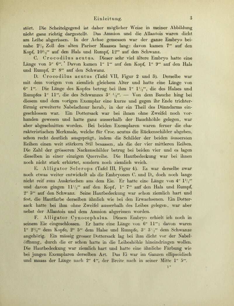 stört. Die Scheitelgegend ist daher möglicher Weise in meiner Abbildung nicht ganz richtig dargestellt. Das Amnion und die Allantois waren dicht am Leibe abgerissen. In der Achse gemessen war der ganze Embryo bei- nahe 272 Zoll des alten Pariser Maasses lang: davon kamen 7' auf den Kopf, IOV2' auf den Hals und Rumpf, 12' auf den Schwanz. C. Crocodilus acutus. Dieser sehr viel ältere Embryo hatte eine Länge von 5 6'. * Davon kamen 1 1' auf den Kopf, 1 9' auf den Hals und Rumpf, 2 8' auf den Schwanz. D. Crocodilus acutus (Tafel VII, Figur 2 und 3). Derselbe war mit dem vorigen von ziemlich gleichem Alter und hatte eine Länge von 6 1'. Die Länge des Kopfes betrug bei ihm 1 ll/.2', die des Halses und Rumpfes 1 11', die des Schwanzes 3 V2'. — Von dem Bauche hing bei diesem und dem vorigen Exemplar eine kurze und gegen ihr Ende trichter- förmig erweiterte Nabelschnur herab, in der ein Theil des Dünndarms ein- geschlossen war. Ein Dottersack war bei ihnen ohne Zweifel noch vor- handen gewesen und hatte ganz ausserhalb der Bauchhöhle gelegen, war aber abgeschnitten worden. Bei beiden Exemplaren waren ferner die cha- rakteristischen Merkmale, welche für Croc. acutus die Rückenschilder abgeben, schon recht deutlich ausgeprägt, indem die Schilder der beiden äussersten Reihen einen weit stärkern Stil besassen, als die der vier mittleren Reihen. Die Zahl der grösseren Nackenschilder betrug bei beiden vier und es lagen dieselben in einer einzigen Querreihe. Die Hautbedeckung war bei ihnen noch nicht stark erhärtet, sondern noch ziemlich weich. E. Alligator Sclerops (Tafel III, Figur 4). Es war derselbe zwar noch etwas weiter entwickelt als die Embryonen C. und D., doch noch lange nicht reif zum Auskriechen aus dem Eie. Er hatte eine Länge von 4 ll/2' und davon gingen 11 y2' auf den Kopf, 1 7' auf den Hals und Rumpf, 2 5' auf den Schwanz. Seine Hautbedeckung war schon ziemlich hart und fest, die Hautfarbe derselben ähnlich wie bei den Erwachsenen. Ein Dotter- sack hatte bei ihm ohne Zweifel ausserhalb des Leibes gelegen, war aber nebst der Allantois und dem Amnion abgerissen worden. F. Alligator Cynocephalus. Diesen Embryo erhielt ich noch in seinem Eie eingeschlossen. Er hatte eine Länge von 6 11'; davon waren 1 2V2' dem Kopfe, 2 5' dem Halse und Rumpfe, 3 3' V dem Schwänze angehörig. Ein mässig grosser Dottersack lag bei ihm dicht vor der Nabel- Öffnung, durch die er schon hatte in die Leibeshöhle hineindringen wollen. Die Hautbedeckung war ziemlich hart und hatte eine ähnliche Färbung wie bei jungen Exemplaren derselben Art. Das Ei war im Ganzen ellipsoidisch und maass der Länge nach 2 4', der Breite nach in seiner Mitte 1 5'. 1