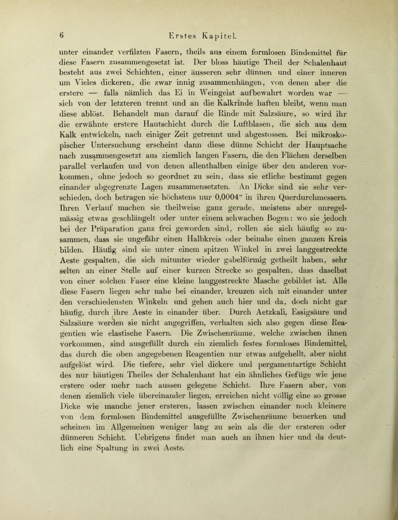 unter einander verfilzten Fasern, theils aus einem formlosen Bindemittel für diese Fasern zusammengesetzt ist. Der bloss häutige Theil der Schalenhaut besteht aus zwei Schichten, einer äusseren sehr dünnen und einer inneren um Vieles dickeren, die zwar innig Zusammenhängen, von denen aber die erstere — falls nämlich das Ei in Weingeist auf bewahrt worden war — sich von der letzteren trennt und an die Kalkrinde haften bleibt, wenn man diese ablöst. Behandelt man darauf die Rinde mit Salzsäure, so wird ihr die erwähnte erstere Hautschicht durch die Luftblasen, die sich aus dem Kalk entwickeln, nach einiger Zeit getrennt und abgestossen. Bei mikrosko- pischer Untersuchung erscheint dann diese dünne Schicht der Hauptsache nach zusammengesetzt aus ziemlich langen Fasern, die den Flächen derselben parallel verlaufen und von denen allenthalben einige über den anderen Vor- kommen, ohne jedoch so geordnet zu sein, dass sie etliche bestimmt gegen einander abgegrenzte Lagen zusammensetzten. An Dicke sind sie sehr ver- schieden, doch betragen sie höchstens nur 0,0004 in ihren Querdurchmessern. Ihren Verlauf machen sie theilweise ganz gerade, meistens aber unregel- mässig etwas geschlängelt oder unter einem schwachen Bogen: wo sie jedoch bei der Präparation ganz frei geworden sind, rollen sie sich häufig so zu- sammen, dass sie ungefähr einen Halbkreis oder beinahe einen ganzen Kreis bilden. Häufig sind sie unter einem spitzen Winkel in zwei langgestreckte Aeste gespalten, die sich mitunter wieder gabelförmig getheilt haben, sehr selten an einer Stelle auf einer kurzen Strecke so gespalten, dass daselbst von einer solchen Faser eine kleine langgestreckte Masche gebildet ist. Alle diese Fasern liegen sehr nahe bei einander, kreuzen sich mit einander unter den verschiedensten Winkeln und gehen auch hier und da, doch nicht gar häufig, durch ihre Aeste in einander über. Durch Aetzkali, Essigsäure und Salzsäure werden sie nicht angegriffen, verhalten sich also gegen diese Rea- gentien wie elastische Fasern. Die Zwischenräume, welche zwischen ihnen Vorkommen, sind ausgefüllt durch ein ziemlich festes formloses Bindemittel, das durch die oben angegebenen Reagentien nur etwas aufgehellt, aber nicht aufgelöst wird. Die tiefere, sehr viel dickere und pergamentartige Schicht des nur häutigen Theiles der Schalenhaut hat ein ähnliches Gefüge wie jene erstere oder mehr nach aussen gelegene Schicht. Ihre Fasern aber, von denen ziemlich viele übereinander liegen, erreichen nicht völlig eine so grosse Dicke wie manche jener ersteren, lassen zwischen einander noch kleinere von dem formlosen Bindemittel ausgefüllte Zwischenräume bemerken und scheinen im Allgemeinen weniger lang zu sein als die der ersteren oder dünneren Schicht. Uebrigens findet man auch an ihnen hier und da deut- lich eine Spaltung in zwei Aeste.