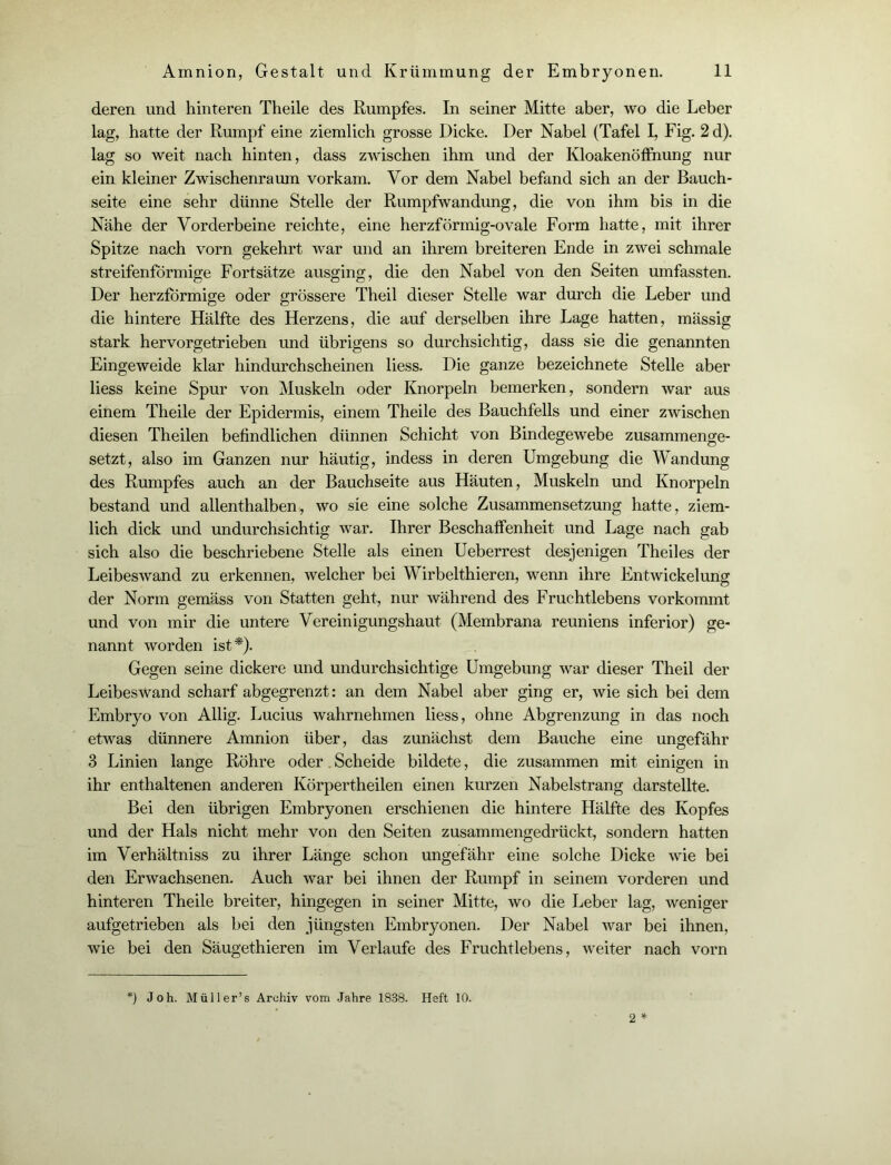 deren und hinteren Theile des Rumpfes. In seiner Mitte aber, wo die Leber lag, hatte der Rumpf eine ziemlich grosse Dicke. Der Nabel (Tafel I, Fig. 2 d). lag so weit nach hinten, dass zwischen ihm und der Kloakenöffnung nur ein kleiner Zwischenramn vorkam. Vor dem Nabel befand sich an der Bauch- seite eine sehr dünne Stelle der Rumpfwandung, die von ihm bis in die Nähe der Vorderbeine reichte, eine herzförmig-ovale Form hatte, mit ihrer Spitze nach vorn gekehrt war und an ihrem breiteren Ende in zwei schmale streifenförmige Fortsätze ausging, die den Nabel von den Seiten umfassten. Der herzförmige oder grössere Theil dieser Stelle war durch die Leber und die hintere Hälfte des Herzens, die auf derselben ihre Lage hatten, mässig stark hervorgetrieben und übrigens so durchsichtig, dass sie die genannten Eingeweide klar hindurchscheinen liess. Die ganze bezeichnete Stelle aber liess keine Spur von Muskeln oder Knorpeln bemerken, sondern war aus einem Theile der Epidermis, einem Theile des Bauchfells und einer zwischen diesen Theilen befindlichen dünnen Schicht von Bindegewebe zusammenge- setzt, also im Ganzen nur häutig, indess in deren Umgebung die Wandung des Rumpfes auch an der Bauchseite aus Häuten, Muskeln und Knorpeln bestand und allenthalben, wo sie eine solche Zusammensetzung hatte, ziem- lich dick und undurchsichtig war. Ihrer Beschaffenheit und Lage nach gab sich also die beschriebene Stelle als einen Ueberrest desjenigen Theiles der Leibeswand zu erkennen, welcher bei Wirbelthieren, wenn ihre Entwickelung der Norm gemäss von Statten geht, nur während des Fruchtlebens vorkommt und von mir die untere Vereinigungshaut (Membrana reuniens inferior) ge- nannt worden ist*). Gegen seine dickere und undurchsichtige Umgebung war dieser Theil der LeibesWancl scharf abgegrenzt: an dem Nabel aber ging er, wie sich bei dem Embryo von Allig. Lucius wahrnehmen liess, ohne Abgrenzung in das noch etwas dünnere Amnion über, das zunächst dem Bauche eine ungefähr 3 Linien lange Röhre oder Scheide bildete, die zusammen mit einigen in ihr enthaltenen anderen Körpertheilen einen kurzen Nabelstrang darstellte. Bei den übrigen Embryonen erschienen die hintere Hälfte des Kopfes und der Hals nicht mehr von den Seiten zusammengedrückt, sondern hatten im Verhältniss zu ihrer Länge schon ungefähr eine solche Dicke wie bei den Erwachsenen. Auch war bei ihnen der Rumpf in seinem vorderen und hinteren Theile breiter, hingegen in seiner Mitte, wo die Leber lag, weniger aufgetrieben als bei den jüngsten Embryonen. Der Nabel war bei ihnen, wie bei den Säugethieren im Verlaufe des Fruchtlebens, weiter nach vorn 2 * *) Joh. Müller’s Archiv vom .Jahre 1838. Heft 10.