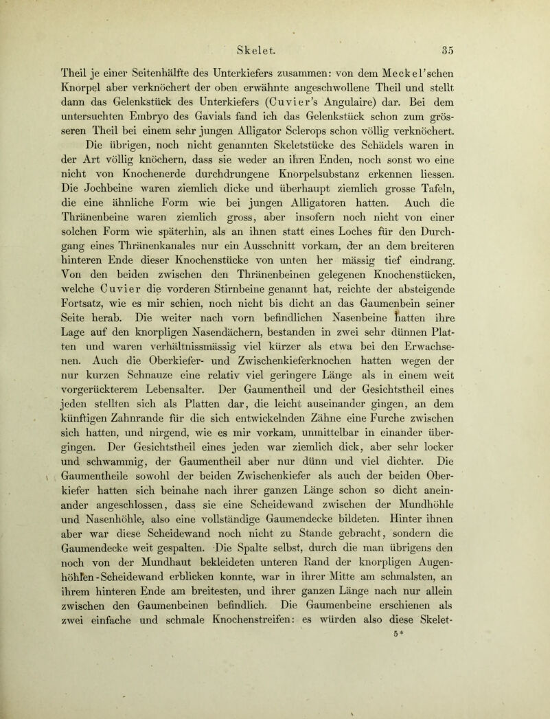 Theil je einer Seitenhälfte des Unterkiefers zusammen: von dem Meckel’schen Knorpel aber verknöchert der oben erwähnte angeschwollene Theil und stellt dann das Gelenkstück des Unterkiefers (Cu vier’s Angulaire) dar. Bei dem untersuchten Embryo des Gavials fand ich das Gelenkstück schon zum grös- seren Theil bei einem sehr jungen Alligator Sclerops schon völlig verknöchert. Die übrigen, noch nicht genannten Skeletstücke des Schädels waren in der Art völlig knöchern, dass sie weder an ihren Enden, noch sonst wo eine nicht von Knochenerde durchdrungene Knorpelsubstanz erkennen Hessen. Die Jochbeine waren ziemlich dicke und überhaupt ziemlich grosse Tafeln, die eine ähnliche Form wie bei jungen Alligatoren hatten. Auch die Thränenbeine waren ziemlich gross, aber insofern noch nicht von einer solchen Form wie späterhin, als an ihnen statt eines Loches für den Durch- gang eines Thränenkanales nur ein Ausschnitt vorkam, der an dem breiteren hinteren Ende dieser Knochenstücke von unten her mässig tief eindrang. Von den beiden zwischen den Thränenbeinen gelegenen Knochenstücken, welche Cu vier die vorderen Stirnbeine genannt hat, reichte der absteigende Fortsatz, wie es mir schien, noch nicht bis dicht an das Gaumenbein seiner Seite herab. Die weiter nach vorn befindlichen Nasenbeine Latten ihre Lage auf den knorpligen Nasendächern, bestanden in zwei sehr dünnen Plat- ten und waren verhältnissmässig viel kürzer als etwa bei den Erwachse- nen. Auch die Oberkiefer- und Zwischenkieferknochen hatten wegen der nur kurzen Schnauze eine relativ viel geringere Länge als in einem weit vorgerückterem Lebensalter. Der Gaumentheil und der Gesichtstheil eines jeden stellten sich als Platten dar, die leicht auseinander gingen, an dem künftigen Zahnrande für die sich entwickelnden Zähne eine Furche zwischen sich hatten, und nirgend, wie es mir vorkam, unmittelbar in einander über- gingen. Der Gesichtstheil eines jeden war ziemlich dick, aber sehr locker und schwammig, der Gaumentheil aber nur dünn und viel dichter. Die Gaumentheile sowohl der beiden Zwischenkiefer als auch der beiden Ober- kiefer hatten sich beinahe nach ihrer ganzen Länge schon so dicht anein- ander angeschlossen, dass sie eine Scheidewand zwischen der Mundhöhle und Nasenhöhle, also eine vollständige Gaumendecke bildeten. Hinter ihnen aber war diese Scheidewand noch nicht zu Stande gebracht, sondern die Gaumendecke weit gespalten. Die Spalte selbst, durch die man übrigens den noch von der Mundhaut bekleideten unteren Rand der knorpligen Augen- höhlen - Scheidewand erblicken konnte, war in ihrer Mitte am schmälsten, an ihrem hinteren Ende am breitesten, und ihrer ganzen Länge nach nur allein zwischen den Gaumenbeinen befindlich. Die Gaumenbeine erschienen als zwei einfache und schmale Knochenstreifen: es würden also diese Skelet- 5*