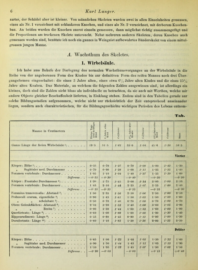 zarter, der Schädel aber ist kleiner. Von männlichen Skeleten wurden zwei in allen Einzelnheiten gemessen, eines als Nr. 1 verzeichnet mit schlankeren Knochen, und eines als Nr. 2 verzeichnet, mit derberem Knochen- bau. An beiden wurden die Knochen zuerst einzeln gemessen, dann möglichst richtig zusammengefügt und die Proportionen am trockenen Skelete untersucht. Nebst mehreren anderen Skeleten, deren Knochen auch gemessen worden sind, benützte ich noch ein ganzes in Weingeist aufbewahrtes Bänderskelet von einem mittel- grossen jungen Manne. A. Wachsthum des Skeletes. 1. Wirbelsäule. Ich habe zum Behufe der Darlegung des normalen Wachsthumsvorganges an der Wirbelsäule in die Reihe von der angeborenen Form des Kindes bis zur definitiven Form des reifen Mannes noch drei Über- gangsformen eingeschaltet: die eines 3 Jahre alten, eines etwa GYj Jahre alten Kindes und die eines 157j Jahre alten Knaben. Das Materiale, an welchem die folgenden Zahlen ausgewiesen sind, ist allerdings ein kleines, doch sind die Zahlen nicht bloss als individuelle zu betrachten, da sie auch mit Werthen, welche mir andere Objecte gleicher Beschaffenheit lieferten, in Einklang stehen. Zudem sind in den Tabellen gerade nur solche Bildungsstadien aufgenommen, welche nicht nur rücksichtlich der Zeit entsprechend auseinander liegen, sondern auch charakteristischen, für die Bitdungsgeschichte wichtigen Perioden des Lebens entnom- Tab. Maasse in Centimetern Einige Tage altes kräftiges Kind 3 Jahre altes Kind Coeffielen t <A 9 A 0) cd A cd N S «£? Coefficient cd 9 — •-5 'Ö 8 Hi, Mann Ganze Länge der freien Wirbelsäule i) 19-5 31-5 1-61 33-0 1-04 43 • 6 1-38 58 • 5 Vierter Körper: Höhe L 0-5.5 0-70 1-37 0-70 l'OO 1-00 1-43 1 - .30 „ Sagittaler med. Durchmesser 0-70 0-90 1-38 1-00 1-11 1-25 1-35 1-40 Foramen vertebrale: Durchmesser 1-05 1-10 1-04 1-40 1-37 1-55 1-10 1-60 Differenz . . —0-35 -0-30 —0-40 —0-30 — 0-30 Körper : Frontaler Durchmesser 1-20 1-75 1-45 2-00 1-14 2-00 1-00 2-10 Foramen vertebrale: Durchmesser 1-45 2-10 1-44 2-25 1-07 2-25 1-00 2-40 Differenz . . —0-25 —0-35 —0-25 —0-35 —0-30 Foramina transversalia: Abstand 1-50 2-35 1-56 2-50 1-06 2-50 l’OO 2-50 Pedunculi crurum, eigentliche 0-90 1-45 1-61 1-50 1-03 1-50 1-00 1-60 „ „ scheinbare 0-50 0-70 1-40 0-70 1-00 0-70 1-00 0-70 Obere Gelenkflächen : Abstand S) 2-10 3-20 1-53 3-40 1 -06 3-60 1-05 3-90 „ „ Breite L 0-90 1-30 1-44 1-60 1-33 1-60 1-00 1-80 Querfortsatz: Länge 8) 0-60 1-00 1-66 1-00 1-00 1-20 1-30 1-40 Rippenrudiment: Länge 9) 0-55 0-80 1-45 0-90 113 0-90 1-00 1-30 Dornfortsatz: Länge lOj 0-60 1-10 1-83 1-50 1-36 2-00 1-33 2-50 Dritter Körper: Höhe 0-65 1-00 1-S3 1-05 1-05 1-30 1-33 1-60 „ Sagittaler med. Durchmesser 0-90 1-30 1-44 1-45 1-11 1-65 1-13 1-90 Foramen vertebrale: Durchmesser 1-10 1-35 1-33 1-45 1-07 1-50 1-03 1-50 Differenz . . — 0-30 —0-05 — 0-00 + 0-1Ö + 0-40