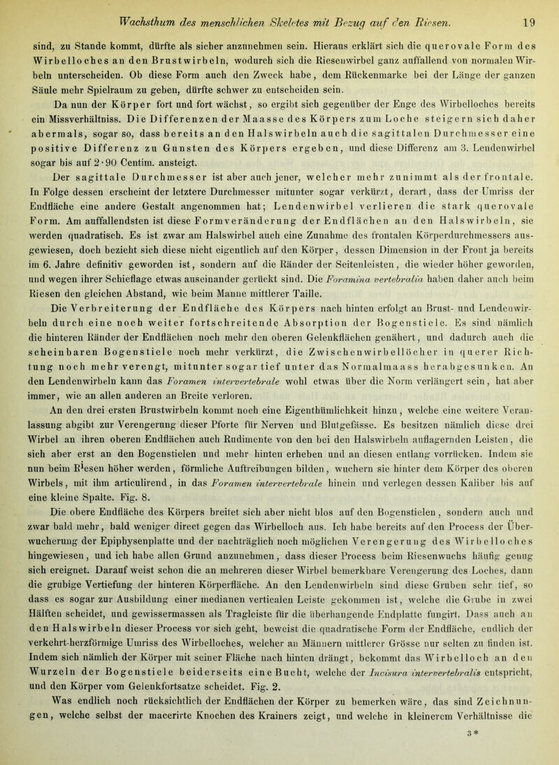 sind, zu Stande kommt, dürfte als sicher anzunehmen sein. Hieraus erklärt sich die querovale Form des Wirbelloches an den Brustwirbeln, wodurch sich die Riesen wirbel ganz auffallend von normalen Wir- beln unterscheiden. Ob diese Form auch den Zweck habe, dem Rückenmarke bei der Länge der ganzen Säule mehr Spielraum zu geben, dürfte schwer zu entscheiden sein. Da nun der Körper fort und fort wächst, so ergibt sich gegenüber der Enge des Wirbelloches bereits ein Missverhältniss. Die Differenzen derMaasse des Körpers zum Loche steigern sich daher abermals, sogar so, dass bereits an den Halswirbeln auch die sagittalen Durchmesser eine positive Differenz zu Gunsten des Körpers ergeben, und diese Differenz am 3. Lendenwirbel sogar bis auf 2 • 90 Centim. ansteigt. Der sagittale Durchmesser ist aber auch jener, welcher mehr zunimmt als der frontale. In Folge dessen erscheint der letztere Durchmesser mitunter sogar verkürzt, derart, dass der Umriss der Endfläche eine andere Gestalt angenommen hat; Lendenwirbel verlieren die stark querovale Form. Am auffallendsten ist diese Form Veränderung der Endflächen an den Halswirbeln, sie werden quadratisch. Es ist zwar am Halswirbel auch eine Zunahme des frontalen Körperdurchinessers aus- gewiesen, doch bezieht sich diese nicht eigentlich auf den Körper, dessen Dimension in der Front ja bereits im 6. Jahre definitiv geworden ist, sondern auf die Ränder der Seitenleisten, die wieder höher geworden, und wegen ihrer Schieflage etwas auseinander gerückt sind. Die Foramina vertebralia haben daher auch l)eim Riesen den gleichen Abstand, wie beim Manne mittlerer Taille. Die Verbreiterung der Endfläche des Körpers nach hinten erfolgt an Brust-und Lendenwir- beln durch eine noch weiter fortschreitende Absorption der Bogenstiele. Es sind nämlich die hinteren Ränder der Endflächen noch mehr den oberen Gelenkflächen genähert, und dadurch auch die scheinbaren Bogenstiele noch mehr verkürzt, die Zwischen wir beilöcher in querer Rich- tung noch mehr verengt, mitunter sogar tief unter das Normalmaass herabgesunken. An den Lendenwirbeln kann das Foramen intervertehrale wohl etwas über die Norm verlängert sein, hat aber immer, wie an allen anderen an Breite verloren. An den drei ersten Brustwirbeln kommt noch eine Eigenthümlichkeit hinzu, welche eine weitere Veran- lassung abgibt zur Verengerung dieser Pforte für Nerven und Blutgefässe. Es besitzen nämlich diese drei Wirbel an ihren oberen Endflächen auch Rudimente von den bei den Halswirbeln auflagernden Leisten, die sich aber erst an den Bogenstielen und mehr hinten erheben und an diesen entlang vorrücken. Indem sie nun beim Riesen höher werden, förmliche Auftreibungen bilden, wuchern sie hinter dem Körper des oberen Wirbels, mit ihm articulirend, in das Foramen intervertebrale hinein und verlegen dessen Kaliber bis auf eine kleine Spalte. Fig. 8. Die obere Endfläche des Körpers breitet sich aber nicht blos auf den Bogenstielen , sondern auch und zwar bald mehr, bald weniger direct gegen das Wirbelloch aus. Ich habe bereits auf den Process der Über- wucheruug der Epiphysenplatte und der nachträglich noch möglichen Verengerung des Wi r b e 11 o ch e s hingewiesen, und ich habe allen Grund anzunehmen, dass dieser Process beim Riesenwuchs häufig genug sich ereignet. Darauf weist schon die an mehreren dieser Wirbel bemerkbare Verengerung des Loches, dann die grubige Vertiefung der hinteren Körperfläche. An den Lendenwirbeln sind diese Gruben sehr tief, so dass es sogar zur Ausbildung einer medianen verticalen Leiste gekommen ist, welche die Grube in zwei Hälften scheidet, und gewissermassen als Tragleiste für die überhangende Endplatte fungirt. Dass auch an den Halswirbeln dieser Process vor sich geht, beweist die quadratische Form der Endfläche, endlich der verkehrt-herzförnnge Umriss des Wirbelloches, welcher an Männern mittlerer Grösse nur selten zu finden ist. Indem sich nämlich der Körper mit seiner Fläche nach hinten drängt, bekommt das Wirbel loch an den Wurzeln der Bogenstiele beiderseits eine Bucht, welche der Z?^c^'sMra entspricht, und den Körper vom Gelenkfortsatze scheidet. Fig. 2. Was endlich noch rücksichtlich der Endflächen der Körper zu bemerken wäre, das sind Zeichnun- gen, welche selbst der macerirte Knochen des Krainers zeigt, und welche in kleinerem Verhältnisse die