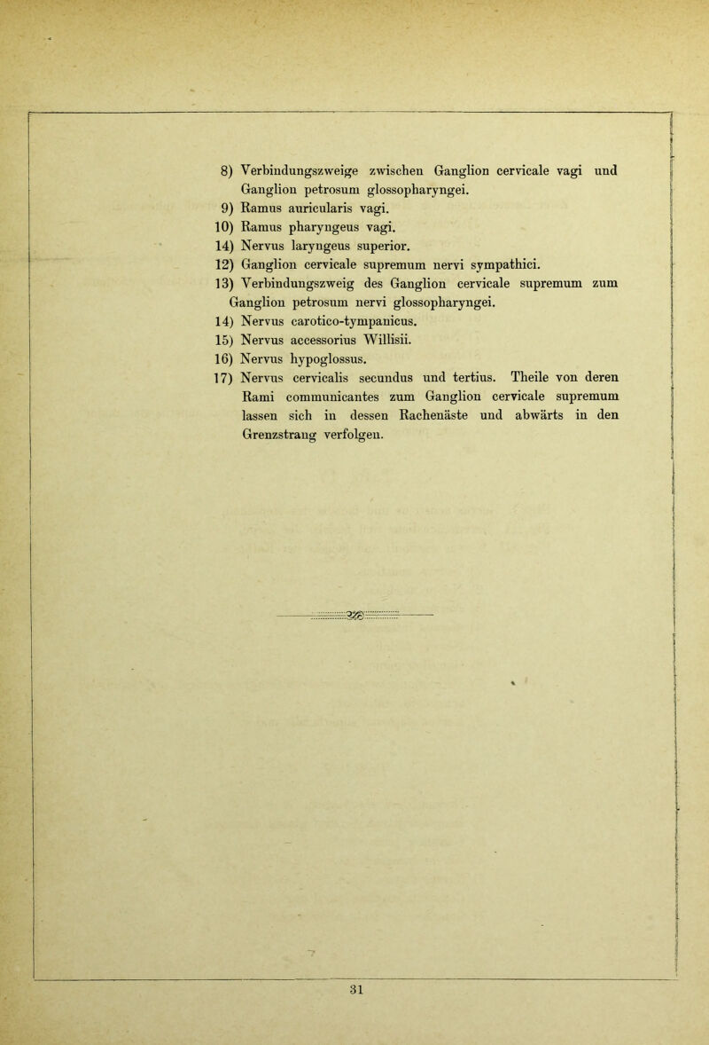 8) Verbindungszweige zwischen Ganglion cervicale vagi und Ganglion petrosum glossopharyngei. 9) Ramus auricularis vagi. 10) Ramus pharyngeus vagi. 14) Nervus laryngeus superior. 12) Ganglion cervicale supremum nervi sympathici. 13) Verbindungszweig des Ganglion cervicale supremum zum Ganglion petrosum nervi glossopharyngei. 14) Nervus carotico-tympanicus. 15) Nervus accessorius Willisii. 16) Nervus hypoglossus. 17) Nervus cervicalis secundus und tertius. Theile von deren Rami communicantes zum Ganglion cervicale supremum lassen sich in dessen Rachenäste und abwärts in den Grenzstraug verfolgen. 7