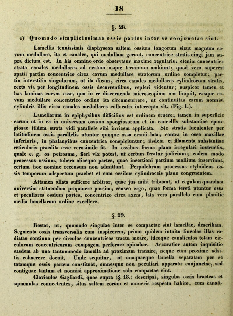 §. 28. c) Quomodo simplicissimae ossis partes inter se conjuhctae sint. Lamellis tenuissimis diaphyseon saltem ossium longorum sicut magnum ca- vum medullare, ita et canales, qui medullam gerunt, concentrice stratis cingi jam su- pra dictum est. In his omnino ordo observatur maxime regularis: etenim concentrica strata canales medullares ad certum usque terminum ambiunt; quod vero superest spatii partim concentrico circa cavum medullare stratorum ordine completur; par- tin interstitia singulorum, ut ita dicam, circa canales medullares cylindrorum stratis, recta via per longitudinem ossis decurrentibus, repleri videntur; suspicor tamen ct has laminas curvas esse, qua in re discernenda microscopium nos linquit, easque ca- vum medullare concentrico ordine ita circumcurrere, ut continuitas earum nonnisi cylindris illis circa canales medullares collocatis interrupta sit. (Fig. I.). Lamellarum in epiphysibus difficilius est ordinem eruere; tamen in superficie earum ut in ea in universum ossium spongiosorum et in cancellis substantiae spon- giosae itidem strata vidi parallele sibi invicem applicata. Sic stratis luculenter per latitudinem ossis parallelis utuntnr quoque ossa cranii lata; contra in osse maxillae inferioris, in phalangibus concentrica conspiciuntur; iisdem et filamenta substantiae reticularis praedita esse verosimile fit. In ossibus forma plane irregulari instructis, quale e. g. os petrosnm, fieri vix potest, ut certum feratur judicium; eodem modo processus ossium, tubera aliaeque partes, quae insertioni partium mollium inserviunt, certum hoc nomine recensum non admittunt. Perpulchrum processus styloideus os- sis temporum adspectum praebet et cum ossibus cylindraceis plane congruentem. Attamen allata sufficere arbitror, quae jus mihi tribuant, ut regulam quandam universim statuendam proponere possim; censeo ergo, quae forma tereti utuntur ossa et peculiares ossium partes, concentrico circa axem, lata vero parallelo cum planitie media lamellarum ordine excellere. \ §. 29. Restat, ut, qnomodo singulae inter se compactae sint lamellae, describam. Segmenta ossis transversalia cum inspicerem, primo quidem intuitu lineolas illas ra- diatas continuo per circulos concentricos tractu meare, ideoqne canaliculos totam cir- culorum concentricorum compagem perforare opinabar. Accuratior autem inquisitio easdem ab una tantummodo lamella ad proximam transire, neque cum proxime adsi- tis cohaerere docuit. Unde sequitur, ut unaquaeque lamella separatam per se totamque ossis partem constituat, omnesque non peculiari apparatu conjunctae, sed contiguae tantum ct nonnisi approximatione sola compactae sint. Claviculos Gagliardi, quos supra (§. 18.) descripsi, singulas ossis bracteas et squamulas connectentcs, situs saltem eorum et muneris respectu habito, cum canali-