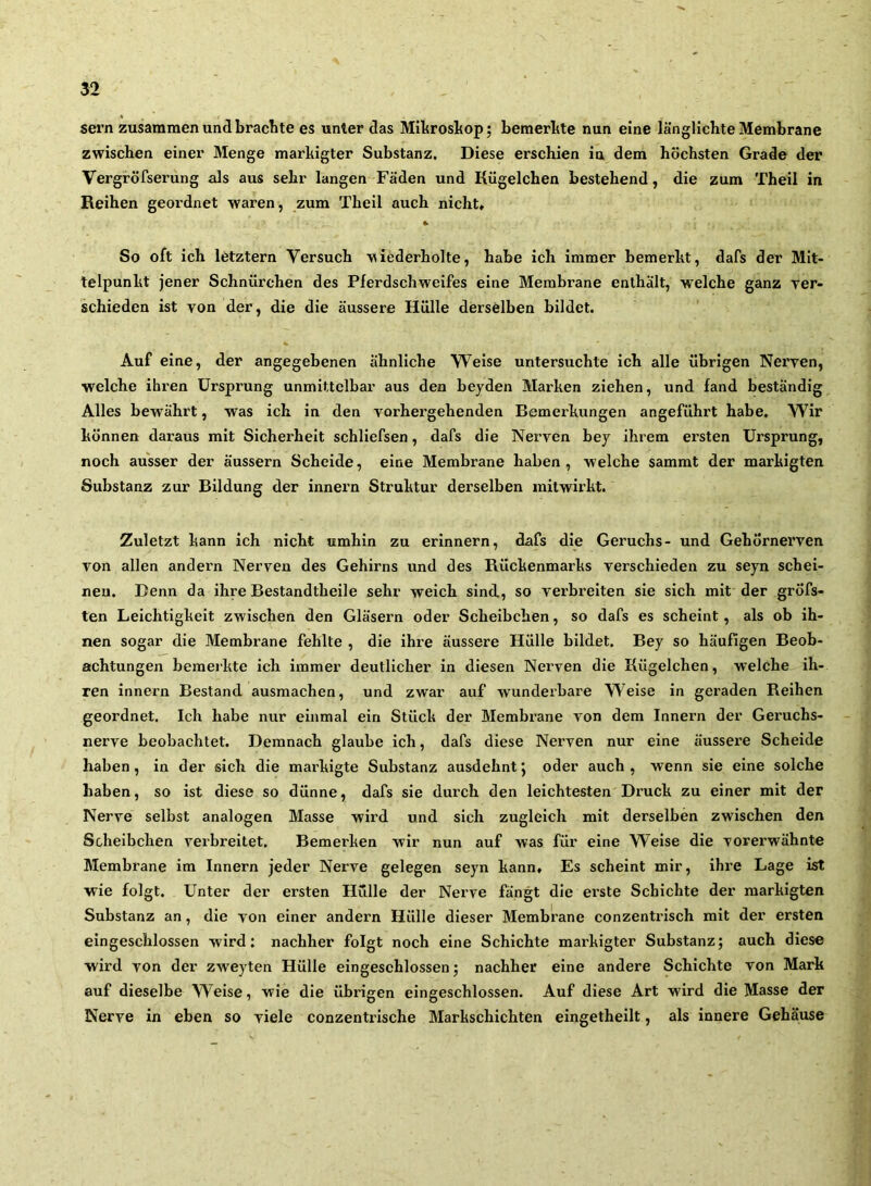 sern zusammen und braclite es unter das Miltroskop; bemerkte nun eine länglichte Membrane zwischen einer Menge markigter Substanz, Diese erschien ia dem höchsten Grade der Vergröfserung als aus sehr langen Fäden und Kügelchen bestehend, die zum Theil in Reihen geordnet waren, zum Theil auch nicht* So oft ich letztem Versuch wiederholte, habe ich immer bemerkt, dafs der Mit- telpunkt jener Schnürchen des Pferdschweifes eine Membrane enthält, welche ganz ver- schieden ist von der, die die äussere Hülle derselben bildet. Auf eine, der angegebenen ähnliche Weise untersuchte ich alle übrigen Nerven, welche ihren Ursprung unmittelbar aus den beyden Marken ziehen, und fand beständig Alles bewährt, was ich in den vorhei’gehenden Bemerkungen angeführt habe. Wir können daraus mit Sicherheit schliefsen, dafs die Nerven bey ihrem ersten Ursprung, noch ausser der äussern Scheide, eine Membrane haben , welche sammt der markigten Substanz zur Bildung der innern Struktur derselben initwirkt. Zuletzt kann ich nicht umhin zu erinnern, dafs die Geruchs- und Gehörnerven von allen andern Nerven des Gehirns und des Rückenmarks verschieden zu seyn schei- nen. Denn da ihre Bestandtheile sehr weich sind, so verbreiten sie sich mit der gröfs- ten Leichtigkeit zwischen den Gläsern oder Scheibchen, so dafs es scheint, als ob ih- nen sogar die Membrane fehlte , die ihre äussere Hülle bildet. Bey so häufigen Beob- achtungen bemerkte ich immer deutlicher in diesen Nerven die Kügelchen, w’elche ih- ren innern Bestand ausmachen, und zwar auf wunderbare Weise in geraden Reihen geordnet. Ich habe nur einmal ein Stück der Membrane von dem Innern der Geruchs- nerve beobachtet. Demnach glaube ich, dafs diese Nerven nur eine äussere Scheide haben, in der sich die markigte Substanz ausdehnt 5 oder auch , wenn sie eine solche haben, so ist diese so dünne, dafs sie durch den leichtesten Druck zu einer mit der Nerve selbst analogen Masse wird und sich zugleich mit derselben zwischen den Scheibchen verbreitet. Bemerken wir nun auf was für eine Welse die vorerwähnte Membrane im Innern jeder Nerve gelegen seyn kann* Es scheint mir, ihre Lage ist wie folgt. Unter der ersten Hülle der Nerve fängt die erste Schichte der markigten Substanz an, die von einer andern Hülle dieser Membrane conzentrisch mit der ersten eingeschlossen wird: nachher folgt noch eine Schichte markigter Substanz; auch diese wird von der zweyten Hülle eingeschlossen; nachher eine andere Schichte von Mark auf dieselbe Weise, wie die übrigen eingeschlossen. Auf diese Art wird die Masse der Nerve in eben so viele conzentrische Markschichten eingetheilt, als innere Gehäuse
