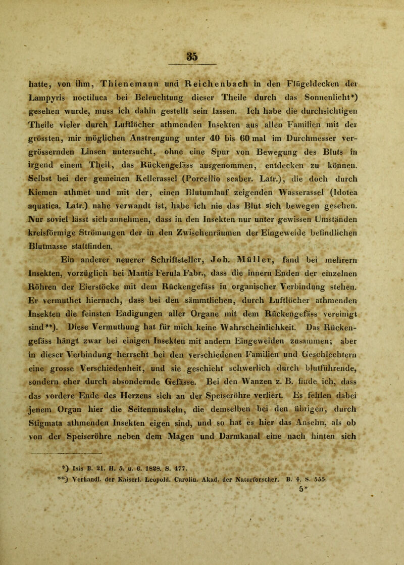 hatte, von ihm, Thienemann und Reichenbach in den Flügeldecken der Lampyris noctiluca bei Beleuchtung dieser Theile durch das Sonnenlicht^) gesehen wurde, muss ich dahin gestellt sein lassen. Ich habe die durchsichtigen Theile vieler durch Luftlöcher athmenden Insekten aus allen Familien mit der grössten, mir möglichen Anstrengung unter 40 bis 60 mal im Durchmesser ver- grössernden Linsen untersucht, ohne eine Spur von Bewegung des Bluts in irgend einem Theil, das Rückengefäss ausgenommen, entdecken zu können. Selbst bei der gemeinen Kellerassel (Porcellio scaber. Latr.), die doch durch Kiemen athmet und mit der, einen Blutumlauf zeigenden Wasserassel (Idotea aquatica. Latr.) nahe verw'andt ist, habe ich nie das Blut sich bewegen gesehen. Nur soviel lässt sich annehmen, dass in den Insekten nur unter gewissen Umständen kreisförmige Strömungen der in den Zwischenräumen der Eingeweide befindlichen Blutmasse stattfinden. Ein anderer neuerer Schriftsteller, Joh. Müller, fand bei mehrern Insekten, vorzüglich bei Mantis B'erula Fabr., dass die innern Enden der einzelnen Röhren der Eierstöcke mit dem Rückengefäss in organischer Verbindung stehen. Er vermuthet hiernach, dass bei den sämmtlichen, durch Luftlöcher athmenden Insekten die feinsten Endigungen aller Organe mit dem Rückengefäss vereinigt sind^*). Diese Vermuthung hat für mich keine Wahrscheinlichkeit. Das Rücken- gefäss hängt zwar bei einigen Insekten mit andern Eingeweiden zusammen; aber in dieser Verbindung herrscht bei den verschiedenen Familien und Geschlechtern eine grosse Verschiedenheit, und sie geschieht schwerlich durch blutführende, sondern eher durch absondernde Gefässe. Bei den Wanzen z. B. finde ich, dass das vordere Ende des Herzens sich an der Speiseröhre verliert. Es fehlen dabei jenem Organ hier die Seitenmuskeln, die demselben bei den übrigen, durch Stigmata athmenden Insekten eigen sind, und so hat es hier das Ansehn, als ob von der Speiseröhre neben dem Magen und Darmkanal eine nach hinten sich *) Isis B. 21, H. 5. u. 6. 1838., S. 477. ^=*^3 Verhaudl. der Kaiserl. Leopold, Carolin. Alcad. der Naturforscher. B. 4. 8. 555. 5*