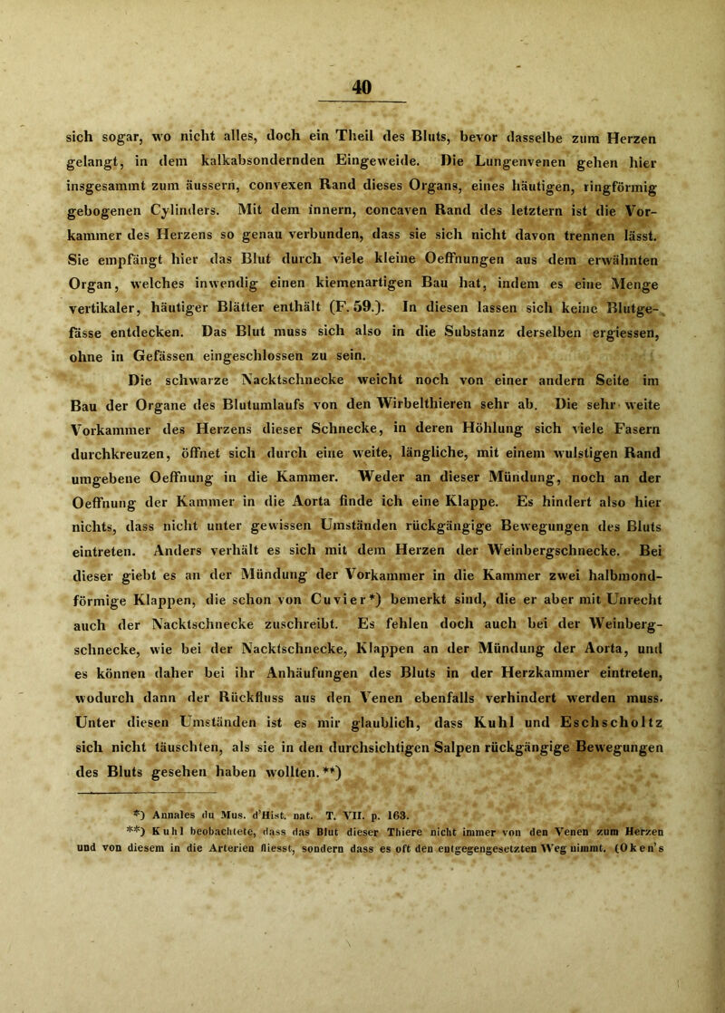 sich sogar, wo nicht alles, doch ein Theil des Bluts, bevor dasselbe zum Herzen gelangt, in dem kalkabsondernden Eingeweide. Die Lungenvenen gehen hier insgesammt zum äusserri, convexen Rand dieses Organs, eines häutigen, ringförmig gebogenen Cylinders. Mit dem innern, concaven Rand des letztem ist die Vor- kammer des Herzens so genau verbunden, dass sie sich nicht davon trennen lässt. Sie empfängt hier das Blut durch viele kleine Oeffnungen aus dem erwähnten Organ, welches inwendig einen kiemenartigen Bau hat, indem es eine Menge vertikaler, häutiger Blätter enthält (F. 59.). In diesen lassen sich keine Blutge- fässe entdecken. Das Blut muss sich also in die Substanz derselben ergiessen, ohne in Gefässen eingeschlossen zu sein. Die schwarze Nacktschnecke weicht noch von einer andern Seite im Bau der Organe des Blutumlaufs von den Wirbelthieren sehr ab. Die sehr - weite Vorkammer des Herzens dieser Schnecke, in deren Höhlung sich viele Fasern durchkreuzen, öffnet sich durch eine weite, längliche, mit einem wulstigen Rand umgebene Oeffnung in die Kammer. Weder an dieser Mündung, noch an der Oeffnung der Kammer in die Aorta finde ich eine Klappe. Es hindert also hier nichts, dass nicht unter gewissen Umständen rückgängige Bewegungen des Bluts eintreten. Anders verhält es sich mit dem Herzen der Weinbergschnecke. Bei dieser giebt es an der Mündung der Vorkammer in die Kammer zwei halbmond- förmige Klappen, die schon von Cuvier*) bemerkt sind, die er aber mit Unrecht auch der Nacktschnecke zuschreibt. Es fehlen doch auch bei der Weinberg- schnecke, wie bei der Nacktschnecke, Klappen an der Mündung der Aorta, und es können daher bei ihr Anhäufungen des Bluts in der Herzkammer eintreten, wodurch dann der Rückfluss aus den Venen ebenfalls verhindert werden muss. Unter diesen Umstünden ist es mir glaublich, dass Kühl und Eschscholtz sich nicht täuschten, als sie in den durchsichtigen Salpen rückgängige Bewegungen des Bluts gesehen haben wollten. **') *) Annales flu Mus. d’Hist. nat. T. VII. p. 163. **) Kühl beobaclilete, dass das Blut dieser Tliiere nicht immer von den Venen zum Herzen und von diesem in die Arterien fliesst, sondern dass es oft den entgegengesetzten Weg nimmt. (Oken’s