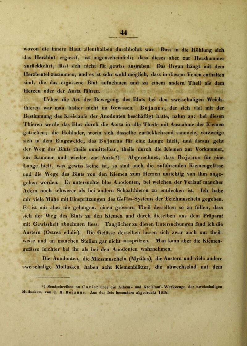 wovon die innere Haut allenthalben durchbohrt war. Dass in die Höhlung sich das Herzblut ergiesst, ist augenscheinlich; dass dieses aber zur Herzkammer zurQckkehrt, hasst sich nicht für gewiss ausgeben. Das Organ hängt mit dem Herzbeutel zusammen, und es ist sehr wohl möglich, dass in diesem Venen enthalten sind, die das ergossene Blut aufnehmen und zu einem andern Theil als dem Herzen oder der Aorta führen. lieber die Art der Bewegung des Bluts bei den zweischaligen Weich- thieren war man bisher nicht im Gewissen. Bojanus, der sich viel mit der Bestimmung des Kreislaufs der Anodonten beschäftigt hatte, nahm an: bei diesen Thieren werde das Blut durch die Aorta in alle Theile mit Ausnahme der Kiemen getrieben; die Hohlader, worin sich dasselbe zurückkehrend sammele, verzweige sich in dem Eingeweide, das Bojanus für eine Lunge hielt, und daraus geht der Weg des Bluts theils unmittelbar, theils durch die Kiemen zur Vorkammer, zur Kammer und wieder zur Aorta*). Abgerechnet, dass Bojanus für eine Lunge hielt, was gewiss keine ist, so sind auch die zuführenden Kiemengefässe * und die Wege des Bluts von den Kiemen zum Herzen unrichtig von ihm ange- geben worden. Er untersuchte blos Anodonten, bei welchen der Verlauf mancher Adern noch schwerer als bei andern Schaalthieren zu entdecken ist. Ich habe mir viele Mühe mit Einspritzungen des Gefäss-Systems der Teichmuscheln gegeben. Es ist mir aber nie gelungen, einen grössern Theil desselben so zu füllen, dass sich der Weg des Bluts zu den Kiemen und durch dieselben aus dem Präparat mit Gewissheit abnehmen Hess. Tauglicher zu diesen Untersuchungen fand ich die ilustern (Ostrea edulis). Die Gefasse derselben lassen sich zwar auch nur theil- weise und an manchen Stellen gar nicht ausspritzen. Man kann aber die Kiemen- gefässe leichter bei ihr als bei den Anodonten wahrnehmen. Die Anodonten, die Miessmuscheln (Mytilus), die Austern und viele andere zweischalige Mollusken haben acht Kiemenblätter, die abwechselnd mit dem *) Seudschreibcn au Cu vier über die Atheui- und Kreislauf-Werkzeuge der zweiscbaligeu Mulluskeu, vou C. H. Bojanus. Aus der Isis besonders abgedruckt 1818.
