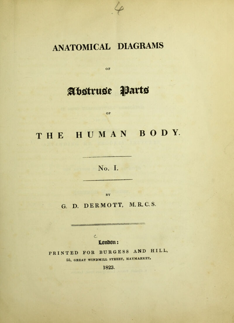 ANATOMICAL DIAGRAMS OF Struct i^artfi THE HUMAN BODY. No. I. G. D. DERMOTT, M. R. C. S. ILonBon: PRINTED FOR BURGESS AND HILL, 55, GREAT WINDMILL STREET, HAYMARKET. 1823.