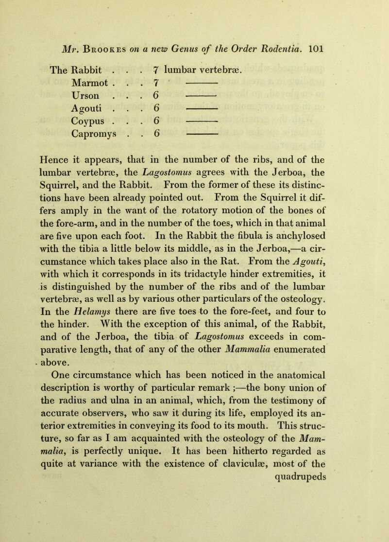 The Rabbit . Marmot . Urson Agouti . Coypus . Capromys 7 lumbar vertebrae. 7 6 6 6 6 Hence it appears, that in the number of the ribs, and of the lumbar vertebrae, the Lagostomus agrees with the Jerboa, the Squirrel, and the Rabbit. From the former of these its distinc- tions have been already pointed out. From the Squirrel it dif- fers amply in the want of the rotatory motion of the bones of the fore-arm, and in the number of the toes, which in that animal are five upon each foot. In the Rabbit the fibula is anchylosed with the tibia a little below its middle, as in the Jerboa,—a cir- cumstance which takes place also in the Rat. From the Agouti, with which it corresponds in its tridactyle hinder extremities, it is distinguished by the number of the ribs and of the lumbar vertebrae, as well as by various other particulars of the osteology. In the Helamys there are five toes to the fore-feet, and four to the hinder. With the exception of this animal, of the Rabbit, and of the Jerboa, the tibia of Lagostomus exceeds in com- parative length, that of any of the other Mammalia enumerated . above. One circumstance w'hich has been noticed in the anatomical description is worthy of particular remark ;—the bony union of the radius and ulna in an animal, which, from the testimony of accurate observers, who saw it during its life, emp^^ed its an- terior extremities in conveying its food to its mouth. This struc- ture, so far as I am acquainted with the osteology of the Mam- malia, is perfectly unique. It has been hitherto regarded as quite at variance with the existence of claviculae, most of the quadrupeds