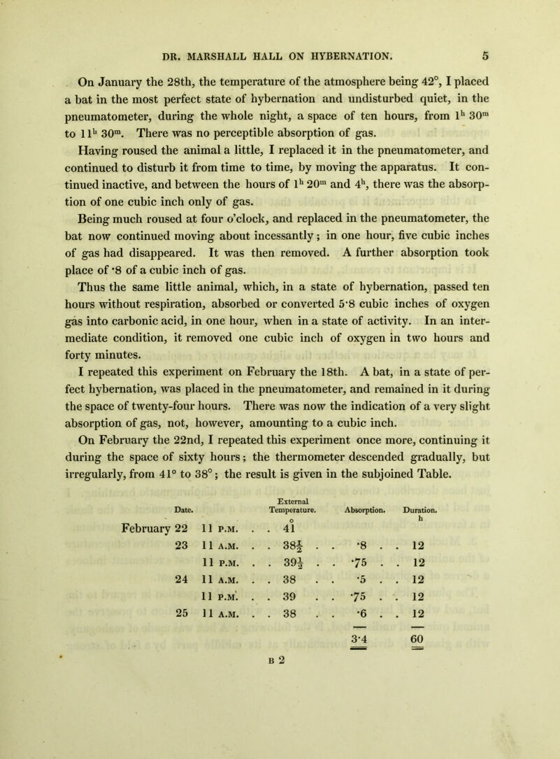 On January the 28th, the temperature of the atmosphere being 42°, I placed a hat in the most perfect state of hybernation and undisturbed quiet, in the pneumatometer, during the whole night, a space of ten hours, from I'* 30™ to 11'* 30™. There was no perceptible absorption of gas. Having roused the animal a little, I replaced it in the pneumatometer, and continued to disturb it from time to time, by moving the apparatus. It con- tinued inactive, and between the hours of 1^ 20™ and 4^*, there was the absorp- tion of one cubic inch only of gas. Being much roused at four o’clock, and replaced in the pneumatometer, the bat now continued moving about incessantly; in one hour, five cubic inches of gas had disappeared. It was then removed. A further absorption took place of *8 of a cubic inch of gas. Thus the same little animal, which, in a state of hybernation, passed ten hours without respiration, absorbed or converted 5*8 cubic inches of oxygen gas into carbonic acid, in one hour, when in a state of activity. In an inter- mediate condition, it removed one cubic inch of oxygen in two hours and forty minutes. I repeated this experiment on February the 18th. A bat, in a state of per- fect hybernation, was placed in the pneumatometer, and remained in it during the space of twenty-four hours. There was now the indication of a very slight absorption of gas, not, however, amounting to a cubic inch. On February the 22nd, I repeated this experiment once more, continuing it during the space of sixty hours; the thermometer descended gradually, but irregularly, from 41° to 38°; the result is given in the subjoined Table. Date. February 22 11 P.M. . External Temperature. o . 41 Absorption. Duration. h 23 11 A.M. . . 38§ . •8 . . 12 11 P.M. . . 391 . . 75 . . 12 24 11 A.M. . . 38 . •5 . . 12 11 p.m’. . . 39 . 75 . . 12 25 11 A.M. . . 38 •6 . . 12 3-4 60 B 2