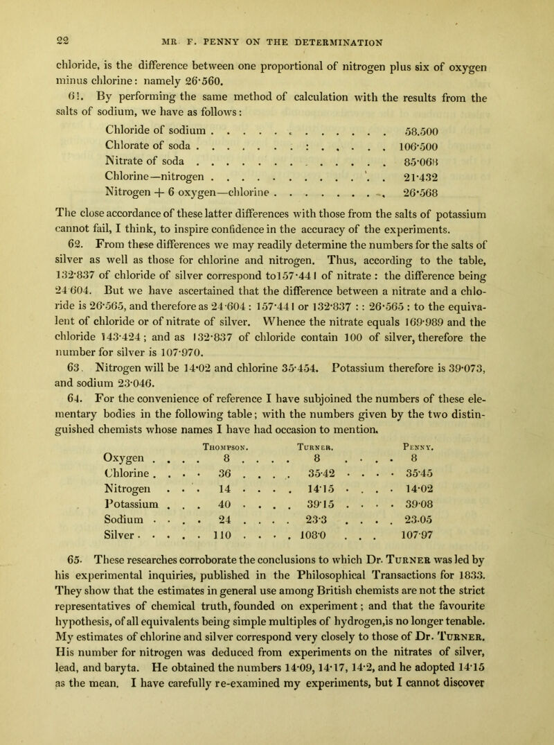 chloride, is the difference between one proportional of nitrogen plus six of oxygen minus chlorine: namely 26*560. 61. By performing the same method of calculation with the results from the salts of sodium, we have as follows: Chloride of sodium 58.500 Chlorate of soda : 106*500 Nitrate of soda 85*068 Chlorine—nitrogen ’. . 21*432 Nitrogen + 6 oxygen—chlorine 26*568 The close accordance of these latter differences with those from the salts of potassium cannot fail, I think, to inspire confidence in the accuracy of the experiments. 62. From these differences we may readily determine the numbers for the salts of silver as well as those for chlorine and nitrogen. Thus, according to the table, 132*837 of chloride of silver correspond tol57*44l of nitrate : the difference being 24 604. But we have ascertained that the difference between a nitrate and a chlo- ride is 26*565, and therefore as 24 604 : 157*441 or 132*837 :: 26*565 : to the equiva- lent of chloride or of nitrate of silver. Whence the nitrate equals 169*989 and the chloride 143*424; and as 132*837 of chloride contain 100 of silver, therefore the number for silver is 107*970. 63. Nitrogen will be 14*02 and chlorine 35*454. Potassium therefore is 39*073, and sodium 23*046. 64. For the convenience of reference I have subjoined the numbers of these ele- mentary bodies in the following table; with the numbers given by the two distin- guished chemists whose names I have had occasion to mention. Oxygen . . . Thompson. 8 . . . Turner. 8 ... Penny. . 8 Chlorine . . . • 36 . . . . 35*42 . . . • 35*45 Nitrogen . . 14 . . . . 14*15 . . . . 14*02 Potassium . . . 40 . . . . 3915 . • • . 39*08 Sodium . . . . 24 . . . . 23*3 . . . . 23-05 Silver .... . 110 . . . . 1080 . . . 107*97 65- These researches corroborate the conclusions to which Dr. Turner was led by his experimental inquiries, published in the Philosophical Transactions for 1833. They show that the estimates in general use among British chemists are not the strict representatives of chemical truth, founded on experiment; and that the favourite hypothesis, of all equivalents being simple multiples of hydrogen,is no longer tenable. My estimates of chlorine and silver correspond very closely to those of Dr. Turner. His number for nitrogen was deduced from experiments on the nitrates of silver, lead, and baryta. He obtained the numbers 14*09,14*17, 14*2, and he adopted 14*15 as the mean. I have carefully re-examined my experiments, but I cannot discover