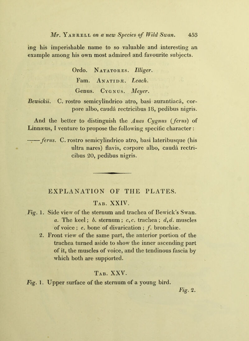 ing his imperishable name to so valuable and interesting an example among his own most admired and favourite subjects. Ordo. Natatores. Illiger. Fam. Anatid®. Leach. Genus. Cygnus. Meyer. Bewickii. C. rostro semicylindrico atro, basi aurantiaca, cor- pore albo, caudh rectricibus 18, pedibus nigris. And the better to distinguish the Anas Cygnus (ferns) of Linnaeus, I venture to propose the following specific character : ferns. C. rostro semicylindrico atro, basi lateribusque (his ultra nares) flavis, corpore albo, caud& rectri- cibus 20, pedibus nigris. EXPLANATION OF THE PLATES. Tab. XXIV. Fig. 1. Side view of the sternum and trachea of Bewick's Swan. a. The keel; b. sternum; c,c. trachea; d,d. muscles of voice; e. bone of divarication ; f. bronchiae. 2. Front view of the same part, the anterior portion of the trachea turned aside to show the inner ascending part of it, the muscles of voice, and the tendinous fascia by which both are supported. Tab. XXV. Fig. 1. Upper surface of the sternum of a young bird. Fig. 2.