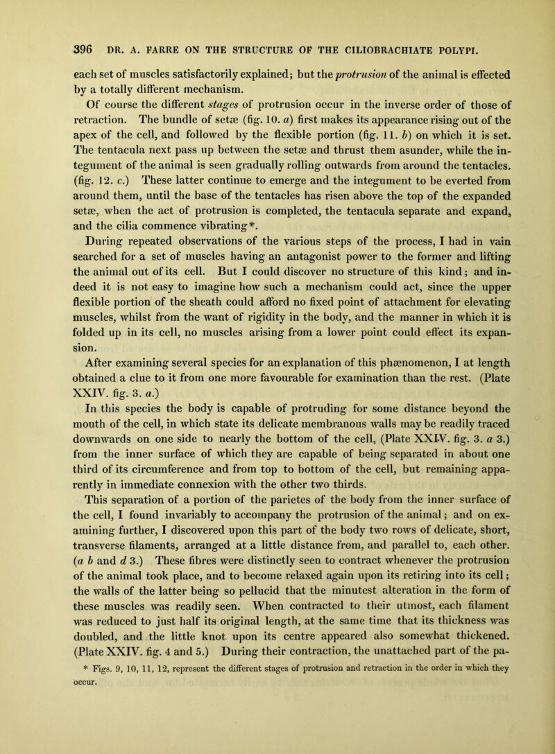 each set of muscles satisfactorily explained; but the 'protrusion of the animal is effected by a totally different mechanism. Of course the different stages of protrusion occur in the inverse order of those of retraction. The bundle of setae (fig. 10. a) first makes its appearance rising out of the apex of the cell, and followed by the flexible portion (fig. 11. b) on which it is set. The tentacula next pass up between the setae and thrust them asunder, while the in- tegument of the animal is seen gradually rolling outwards from around the tentacles, (fig. 12. c.) These latter continue to emerge and the integument to be everted from around them, until the base of the tentacles has risen above the top of the expanded setae, when the act of protrusion is completed, the tentacula separate and expand, and the cilia commence vibrating*. During repeated observations of the various steps of the process, I had in vain searched for a set of muscles having an antagonist power to the former and lifting the animal out of its cell. But I could discover no structure of this kind; and in- deed it is not easy to imagine how such a mechanism could act, since the upper flexible portion of the sheath could afford no fixed point of attachment for elevating muscles, whilst from the want of rigidity in the body, and the manner in which it is folded up in its cell, no muscles arising from a lower point could effect its expan- sion. After examining several species for an explanation of this phaenomenon, I at length obtained a clue to it from one more favourable for examination than the rest. (Plate XXIV. fig. 3. «.) In this species the body is capable of protruding for some distance beyond the mouth of the cell, in which state its delicate membranous walls may be readily traced downwards on one side to nearly the bottom of the cell, (Plate XXI-V. fig. 3. a 3.) from the inner surface of which they are capable of being separated in about one third of its circumference and from top to bottom of the cell, but remaining appa- rently in immediate connexion with the other two thirds. This separation of a portion of the parietes of the body from the inner surface of the cell, I found invariably to accompany the protrusion of the animal; and on ex- amining further, I discovered upon this part of the body two rows of delicate, short, transverse filaments, arranged at a little distance from, and parallel to, each other. (a b and d 3.) These fibres were distinctly seen to contract whenever the protrusion of the animal took place, and to become relaxed again upon its retiring into its cell; the walls of the latter being so pellucid that the minutest alteration in the form of these muscles was readily seen. When contracted to their utmost, each filament was reduced to just half its original length, at the same time that its thickness was doubled, and the little knot upon its centre appeared also somewhat thickened. (Plate XXIV. fig. 4 and 5.) During their contraction, the unattached part of the pa- * Figs. 9, 10, 11, 12, represent the different stages of protrusion and retraction in the order in which they occur.