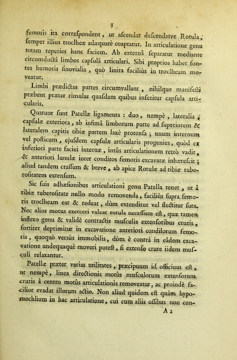 femoris Ita correfpondem , ut afcendae defcendatve Rotula; femper illius troclhe* adaequate coaptatur. In articulatione genu totam repedes hanc faciem. Ab externa feparatur mediante circumdii&a limbos capfula articulari. Sibi proprios habet fon- tes humoris finovialis , quo linita facilius in troclheam mo- veatur. Limbi praedidfcas partes circumvallant , nihilque manifefti praebent praeter rimulas quafdam quibus inferitur capfula arti- cularis. Quatuor funt Patellae ligamenta : duo, nempe , lateralia j capfula: exteriora ab infima limborum parte ad fuperiorem lateralem capitis tibiae partem laxe protenfa ; unum internum vel pofticum 3 ejufdem capfula: articularis progenies, quod ex inferiori parte faciei internae, intus articulationem retro vadit # ■& anteriori lunulae inter conditos femoris excavatae inhaerefcit j ahud tandem craffiim & breve , ab apice Rotulae ad tibiae tube- xofitatem extenfum. . Slc fuis a^haefionibus articulationi genu Patella tenet , ut i tibi.x tuberofitate nullo modo removenda, facilius fupra femo- ris troclheam eat & redeat, dum extenditur vel fledticur fura. Nec alios motus exerceri valeat rotula uecefllim eft, qua: tamen inflexo genu & valide contradtis mufculis extenforibus cruris , fortiter deprimitur in excavatione anteriori condilorum femo-. ns , quoquo versus immobilis, dum e contra in eadem exca- vatione undequaque moveri poteft, fi extenfo crure iidem muf- culi relaxantur. Patellae^ praeter varias utilitates , praecipuum id officium eft , ut nempe, linea diredtionis motus mufcujorum extenforutn cruris a centro motus articulationis removeatur, ac proinde fa- cilior evadat illorum adtio. Non aliud quidem eft quam hypo- mochlium in hac articulatione, cui cum aliis offibus non con- 'Az