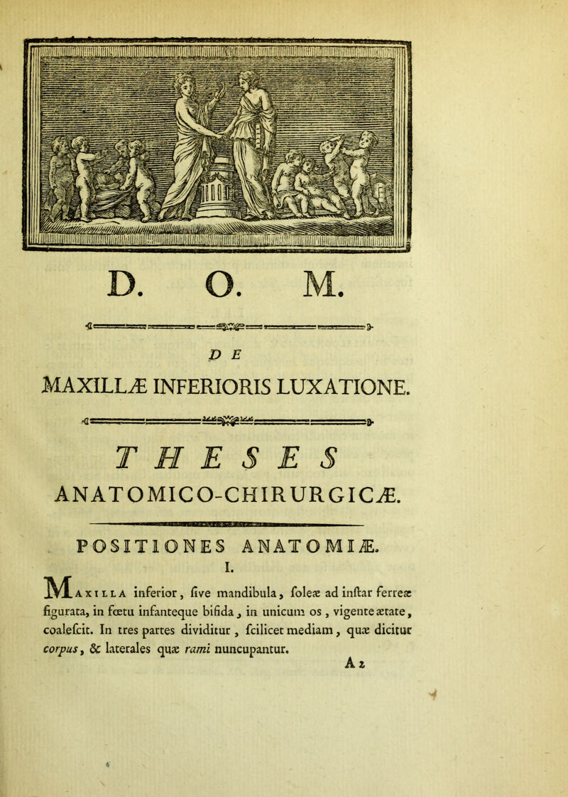 9- P E MAXILLA INFERIORIS LUXATIONE. ^■s^.r• ■ ■ -j■■■..■■!: . - ■. THESES ANATOMICO-CHIRURGIC^. ——^WWmrTXnrnWWmiam^mmanm^i POSITIONES ANATOMIiE. I. IM^axilla inferior, five mandibula, foleje adinftar ferreas figurata, in fcetu infanteque bifida , in unicum os , vigente aetate, coalefcit. In tres partes dividitur , fcilicet mediam, quae dicitur corpus, & laterales quae rami nuncupantur. A t