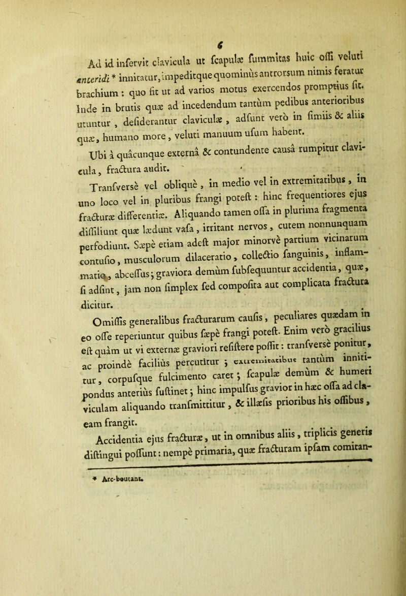 Aci id iafervlt clavicula ut fcapuk fummltas huic olli velutt cnceridi * innitacur,impedicque quominus antrorsum nimis feratuc brachium : quo fit ut ad varios motus exercendos promjmus Ut. Inde in brutis quce ad incedendum tantum pedibus anterioribus utuntur , defiderantur clavicuk , adfunt verb in fimus & alus qus, humano more , veluti manuum ufum habent. XJbi d qukunque externd & contundente causa rumpitur clavi- cula , fradlura audit. TranfrersJ vel obliqni , in medio velin extremiutlbn., in uno loco vel in pluribus frangi poreft: hinc freqnenr.ores e)US fradurre differentia:. Aliquando tamen offa in plurima fragmenti diffiliunt qine l.-cdunt vafa, irritant nervos, cutem nonnunquam perfodiunt. S*pe etiam adeft major minotvS partium vicinarum Lntufio. musculorum dilaceratio, colledio fangmnis, inflam- matiq,, abceffns;graviora demrunfubfequuntur accidentia, qu». Ii adfuit, jam non fimplex fed compotita aut complicata tradura dicitur. Omlffis generalibus fradurarum caufis , peculiares quaedatn m eo olTe repenuntur quibus fepe frangi poteft. Enim verb gracilius eft quam ut vi extern^ graviori refiftere poflit: tranfversc ponitur , ac proinde facilius percutitur j c*uci«ltatibus tantum inniti- tur, corpufque fulcimento caretfcapuk demum & humeri pondus anterius fufiinet; hinc impulfus gravior in h^c oflTa ad cU- viculam aliquando tranfmittitur , & ill^fis prioribus his oflibus, eam frangit. Accidentia ejus fradur*, ut in omnibus aliis, triplicis genetis dillingui poffunt: nempe primaria, qni fraduram ipfam comitan- * Arc-b«utaau