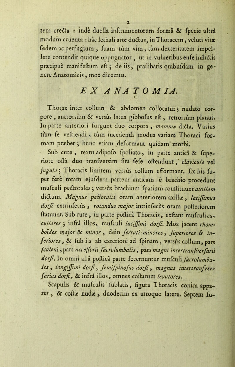 tem erefta : inde duella inftrumentornm forma & fpecie ulrrA modum cruenta : hac lethali arte du£lus, in Thoracem, veluti vitas fedem ac perfugium j fuam tum vim, tum dexteritatem impel- lere contendit quique oppugnator , ut in vulneribus enfe inflictis prascipue manifeftum eft j de iis, prolibatis quibufdam in ge- nere Anatomicis , mox dicemus. £ X A NA T O M IA. Thorax Inter collum & abdomen collocatur? nudato cor- pore , antrorsum Sc versus latus gibbofus eft , retrorsum planus. In parte anteriori furgunt duo corpora , mamm& dida. Varius tum fe veftiendi, tum incedendi modus variam Thoraci for- mam probet; hunc etiam .deformant quidam morbi. Sub cute , textu adipofo fpoliato, in parte antica & fupe- riore ofla duo tranfversim fita fefe oftenduntclavicuU vel jugula \ Thoracis limitem versus collum efFormant. Ex his fu- per fere totam ejufdein partem anticam e brachio procedunt mufculi pedorales j versus brachium fpatium conftituunrcA:i//<jm didum. Magnus pectoralis oram anteriorem axillo, latijfimus dorji extrinfecus, rotundus major intrinfecus oram pofteriorem ftatuunt. Sub cute, in parte poftica Thoracis, exftant mufculi cullares j infra illos, mufculi latijfimi dorji. Mox jacent rhom- hdides major Sc minor , dein ferrati'minores ^ fuperiores & in- feriores ^ & fub iis ab exteriore ad fpinam , versus collum, pars fcaleni, pars acceforii facrolumbalis, pars magni intertranjverfarii dorfi. In omni alia poftica parte fecernuntur mufculi f&crolumba- les y longiffimi doji, femifplnofus dorfi y magnus intertranf/er- farius dorfi, Sc infra illos, omnes coftarum levatores. Scapulis & mufculis fublatis, figura T horacis conica appa- ret , & cofto nudo > duodecim ex utroque latere. Septem fu-
