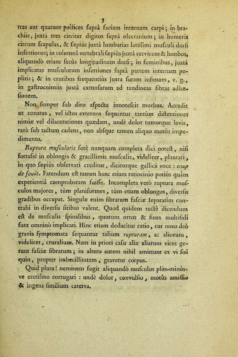 tres aut quatuor pdliices fupra faciem internam carpi j In bra- chiis, juxta tres circiter digitos fupra olecranium j in humeris circum fcapulas, & fepius juxta lumbarias latilhini mufculi dorfi infertionesj in columna vertebrali faepius juxta cervicem & lumbos, aliquando etiam fecus longitudinem dorfi j in feminibus, juxta implicatas mufculorum inferciones fupra partem internam po- plitis j 8c in cruribus frequentius juxta furam infimam, v. g., in gaftrocnimiis juxta carnofarum ad tendineas fibras adhcc- Conem. Non femper fub diro afpedtu innotefcit morbus. Accedit ut conatus , vel idtus externos fequantur tantum diftentiones nimis vel dilacerationes qusdam, unde dolor tumorque levis, raro fub tadtum cadens, non abfque tamen aliquo motus impe- dimento. Ruptura mufcularis fere nunquam completa dici notefl:, nifi fortafse in oblongis Sc gracillimis mufculis, videlicet, plantari, in quo fspius obfervari creditur, diciturque gallica voce : coup de fouet. Fatendum elt tamen hanc etiam ratiocinio potiiis quam experientia comprobatam fuifie. Incompleta vero ruptura muf- culos majores, tum planiformes, tum etiam oblongos, diverfis gradibus occupat. Singuls enim fibrarum fafcis leparatim con- trahi in diverfis fitibus valenr. Quod quidem rede dicendum eft de mufculis fpinalibus , quorum ortus & fines multifidi funt omnino implicati. Hinc etiam deducitur ratio, cur nona deb gravia fymptomata fequantur talium rupturam, ac aliorum , videlicet, cruralium. Nam in priori cafu alis aliarum vices ge- runt fafcis fibrarum; in altero autem nihil amittunt ex vi fua quin, propter imbecillitatem , gravetur corpus. Quid plura! neminem fugit aliquando mufciilos plus-minus- vc eretifmo corrugari : unde dolor, convulfio, motus amiliio & ingens fiinilium caterva*