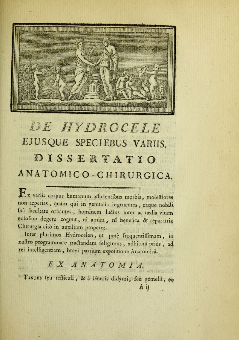 EJUSQUE SPECIEBUS VARIIS, DISSERTATIO ANATOMICO-CHIRURGICA. .. ^ ^ ;■ ■MLx varus corpus humanum afficientibus morbis, moleftlores non reperias , quam qui in genitalia ingruentes , eaque nobili fua facultate orbantes , hominem ludius inter ac taedia vitam odiofam degere cogunt, ni amica y nx benefica & reparatrix Chirurgia cito in auxilium properet. Inter plurimos Hydrocelen, ut pote frequentiffimam, iq fioftro programmate tradlandam feligimuSj adhibita prius , ad rei intelligentiam , brevi partium expolitione Anatomica. H X ANATOMI A. Tisti$ feti tefticuli, &a Gr.ccis didymi, feu gemelli, eo A ij