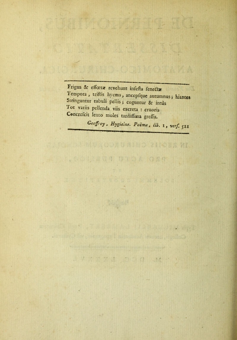 Frigus & eifoetat revehunt infefta fenettar Tempora, trifhs hyems, ancepfque autumnusj hiantts Stringuntur tubuli pellis; coguntur & intus Tot variis pellenda viis excreta : cruoris Cencrefcit lento moles tardiifima greiTu. Geof/ oy , Hygieine. Poema , lib. i , verf. Su