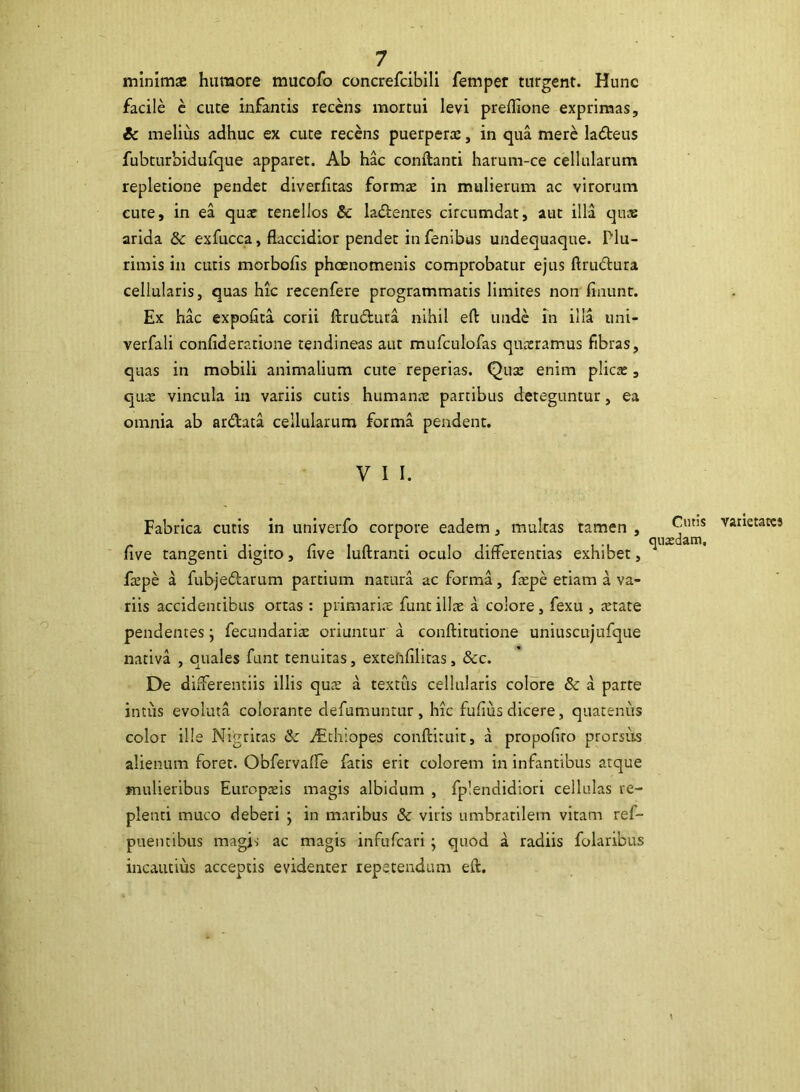 o minimae humore mucofo concrefcibili femper turgent. Hunc facile e cute infantis recens mortui levi preflione exprimas, & melius adhuc ex cute recens puerpera:, in qua mere la&eus fubturbidufque apparet. Ab hac conftanti harum-ce cellularum repletione pendet diverfitas forma: in mulierum ac virorum cute, in ea qua: tenellos Sc ladlentes circumdat, aut illa qua: arida & exfucca, flaccidior pendet in fenibus undequaque. Plu- rimis in cutis morbofis phaenomenis comprobatur ejus ftru&ura cellularis, quas hic recenfere programmatis limites non finunt. Ex hac expolita corii ftrublura nihil eft unde in illa uni- verfali conflderatione tendineas aut mufculofas quieramus fibras, quas in mobili animalium cute reperias. Qua: enim plica:, qua: vincula in variis cutis humana: partibus deteguntur, ea omnia ab ar&ata cellularum forma pendent. V I I. Fabrica cutis in univerfo corpore eadem, multas tamen , Cive tangenti digito, five luftranti oculo differentias exhibet, fa:pe a fubjedtarum partium natura ac forma, fepe etiam a va- riis accidentibus ortas : primaria: funt illa: a colore , fexu , a:tate pendentes; fecundaria: oriuntur a conftitutione uniuscujufque nativa , quales funt tenuitas, extenfilitas, &c. De differentiis illis qua: a textus cellularis colore & a parte intus evolata colorante defumuntur , hic fufius dicere, quatenus color ille Nigritas & AEthiopes conftituit, a propofiro promis alienum foret. Obfervaffe fatis erit colorem in infantibus atque mulieribus Europteis magis albidum , fplendidiori cellulas re- plenti muco deberi ^ in maribus &: viris umbratilem vitam ref- puentibus magis ac magis infufcari; quod a radiis folaribus incautius acceptis evidenter repetendum eft. Cinis qusdam. varietates