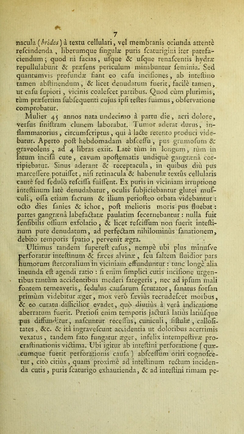 nacula [hrides) a textu cellulari, vel membranis oriunda attente refeindenda , liberumque fingul® puris fca-turigini iter patefa- ciendum ; quod ni facias, ufque & ufque renafeemis hydnx repullulabunt & prarfens periculum minabuntur feminia. Sed quantumvis profundiE f ant eo cafu inciliones, ab inteftino tamen abftinendum, & licet denudatum fuerit, facile tamen, ut cafu fupiori, vicinis coalefcet partibus. Quod cum plurimis, tum pr^efertim fubfequenti cujus ipfi teftes fuimus, obfervatione comprobatur. Mulier 45 annos nara undecimo a partu die, acri dolore, verfus liniftram clunem laborabat. Tumor aderat durus, in- flammatorius , circumferiptus , qui a ladte retento produci vide- batur. Aperto poft hebdomadam abfceflli, pus grumofum & graveolens , ad 4 libras exiit. Late tum in longum, tum in latum incifa cute, cavum apoftematis undique gangrsena cor- ripiebatur. Sinus aderant & receptacula, in quibus diu pus marceflere potuiflet, nifi retinacula & habenulre textus cellularis caute fed fedulo refeifla fuilTent. Ex puris in viciniam irruptione inteftinum late denudabatur, oculis fubjiciebantur glutei muf- culi, ofla etiam facrum & ilium periofteo orbata videbantur ; 06I0 dies fanies & ichor, poft melioris moris pus fluebat: partes gangraena labefadtatae paulatim fecernebantur : nulla fuit lenfibilis oflium exfolatio, & licet refcifliim non fuerit intefti- num pure denudatum, ad perfedtam nihilominus fanationem, debito temporis fpatio, pervenit aegra. Ultimus tandem fupereft cafus, nempe ubi plus minufve perforatur inteftinum & feces alvinte , feu faltem fluidior pars humorum ftercoralium in viciniam effunduntur : tunc longe alia ineunda eft agendi ratio : fi enim flmplici cutis incifione urgen- tibus tantum accidentibus mederi fategeris , nec ad ipfum mali fontem remeaveris, fedulus caufarum ferutator, fanatus forfan primum videbitur a:ger, mox vero fevius recrudefeet morbus, & eo curatu difficilior evadet, quo diutius a vera indicatione aberratum fuerit. Pretiofl enim temporis jaclura latius latiiifque pus diffunditur, nafcuntur receffus, cuniculi, liftufe , callofi- tates , &c. & ita ingravefeunt accidentia ut doloribus acerrimis vexatus , tandem fato fungatur sger, infelix intempeftivaj pro- craftinationis vidtima. Ubi igitur ab inteftini perforatione f qure- .cumque fuerit perforationis caufa ) abfceffum oriri cognofee- tur , cito citius , quam proxime ad inteftinum redlum inciden- da cutis, puris fcaturigo exhaurienda, & ad inteftini rimam pe-