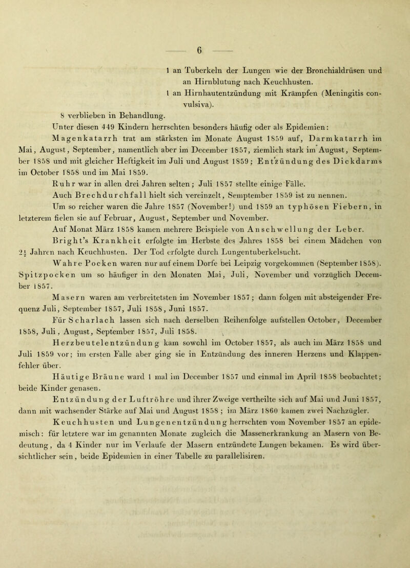 1 an Tuberkeln der Lungen wie der Bronchialdrüsen und an Hirnblutung nach Keuchhusten. 1 an Hirnhautentzündung mit Krämpfen (Meningitis con- vulsiva). 8 verblieben in Behandlung. Unter diesen 449 Kindern herrschten besonders häufig oder als Epidemien: Magenkatarrh trat am stärksten im Monate August 1859 auf, Darmkatarrh im Mai, August, September, namentlich aber im December 1857, ziemlich stark im August, Septem- ber 1858 und mit gleicher Heftigkeit im Juli und August 1859 ; Entzündung des Dickdarms im October 1858 und im Mai 1859. Ruhr war in allen drei Jahren selten; Juli 1857 stellte einige Fälle. Auch Brechdurchfall hielt sich vereinzelt, Semptember 1 859 ist zu nennen. Um so reicher waren die Jahre 1857 (November!) und 1859 an typhösen Fiebern, in letzterem fielen sie auf Februar, August, September und November. Auf Monat März 1858 kamen mehrere Beispiele von An Schwellung der Leber. Bright’s Krankheit erfolgte im Herbste des Jahres 1858 bei einem Mädchen von 2* Jahren nach Keuchhusten. Der Tod erfolgte durch Lungentuberkelsucht. W ahre Pocken waren nur auf einem Dorfe bei Leipzig vorgekommen (September 1858). Spitzpocken um so häufiger in den Monaten Mai, Juli, November und vorzüglich Decem- ber 1857. Masern waren am verbreitetsten im November 1857 ; dann folgen mit absteigender Fre- quenz Juli, September 1857, Juli 1858, Juni 1857. Für Scharlach lassen sich nach derselben Reihenfolge aufstellen October, December 1858, Juli, August, September 1857, Juli 1858. Herzbeutelentzündung kam sowohl im October 1857, als auch im März 1858 und Juli 1859 vor; im ersten Falle aber ging sie in Entzündung des inneren Herzens und Klappen- fehler über. Häutige Bräune ward 1 mal im December 1857 und einmal im April 1858 beobachtet; beide Kinder genasen. Entzündung der Luftröhre und ihrer Zweige vertheilte sich auf Mai und Juni 1857, dann mit wachsender Stärke auf Mai und August 1858 ; im März 1860 kamen zwei Nachzügler. Keuchhusten und Lungenentzündung herrschten vom November 1857 an epide- misch: für letztere war im genannten Monate zugleich die Massenerkrankung an Masern von Be- deutung, da 4 Kinder nur im Verlaufe der Masern entzündete Lungen bekamen. Es wird über- sichtlicher sein, beide Epidemien in einer Tabelle zu parallelisiren.