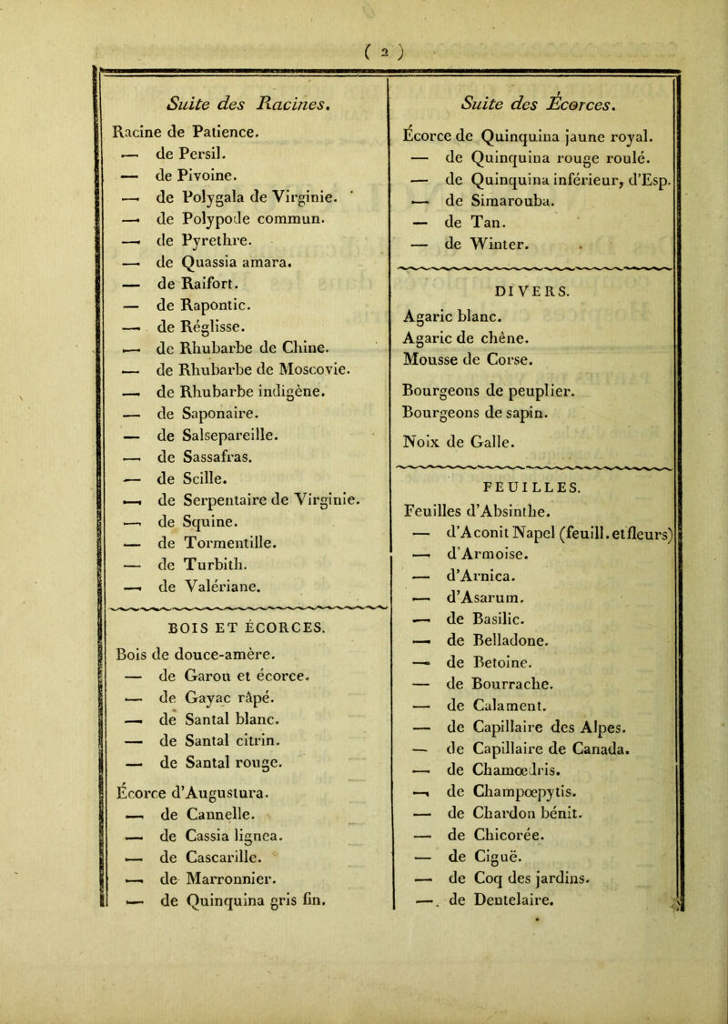 Suite des Racines. Suite des Ecorces. Racine de Patience. Écorce de Quinquina jaune royal. — de Persil. — de Quinquina rouge roulé. — de Pivoine. — de Quinquina inférieur, d’Esp. —. de Polygala de Virginie. •— de Simarouba. —• de Polypode commun. — de T an. —• de Pyrethre. —. de Quassia amara. — de Raifort. — de Winter. DIVERS. — de Rapontic. — de Réglisse. .—• de Rhubarbe de Chine. Agaric blanc. Agaric de chêne. Mousse de Corse. .— de Rhubarbe de Moscovie. — de Rhubarbe indigène. Bourgeons de peuplier. — de Saponaire. Bourgeons de sapin. — de Salsepareille. —. de Sassafras. Noix de Galle. — de Scille. . de Serpentaire de Virginie. .—- de Squine. | — de Tormentille. FEUILLES. Feuilles d’Absinthe. — d’AconitNapel (feuill. etfleurs) —* d’Armoise. I — de Turbith. —. de Valériane. — d’Arnica. —■ d’Asarum. BOIS ET ÉCORCES. •—> de Basilic. — de Belladone. Bois de douce-amère. —» de Betoine. I — de Garou et écorce. — de Bourrache. | — de Gayac râpé. •— de Calament. | — de Santal blanc. | — de Santal citrin. — de Capillaire des Alpes. — de Capillaire de Canada. — de Santal rouge. ■—• de Chamœdris. Écorce d’Augustura. —-« de Champoepytis. —. de Cannelle. — de Chardon bénit. — de Cassia lignea. — de Chicorée. •— de Cascarille. — de Ciguë. de Marronnier. — de Coq des jardins. —■ de Quinquina gris fin. —. de Dentelaire. v 4