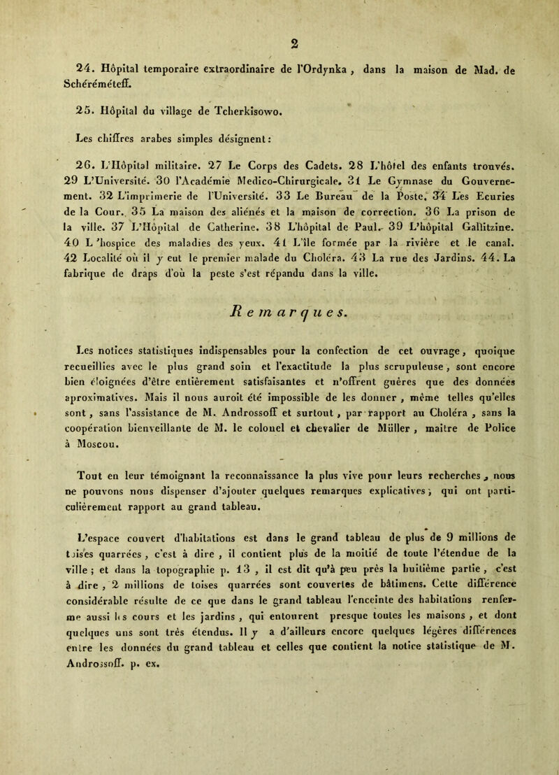 24. Hopital temporaire extraordinaire de TOrdynka , dans la maison de Mad. de Scheremetcfl- 25. Hdpilal du village de Tcherkisowo. Les chillres arabes simples designent: 26. L’Hopital militalre. 27 Le Corps des Cadets. 28 I/hotel des enfants tronv^s. 29 L’UnIversite'. 30 I’Academie Medico-Chirurgicale. 3l Le Gjmnase du Gouverne- ment. 32 L’lmprimerie de rUniversite'. 33 Le Bureau de la Poste.'^ 34 L'es Ecuries de la Cour. 35 La maison des alienes et la maison de correction. 36 La prison de la ville. 37 L’Hopital de Catherine. 38 L’hopital de Paul.- 39 L’hopltal Gallltzine. 40 L'hospice des maladies des yeux. 4l L’ile formee par la riviere et le canal. 42 Locallte ou 11 j eut le premier malade du Cholera. 43 La rue des Jardins. 44. La fabrique de draps d’ou la pcste s’est rcpandu dans la ville. \ R e m a r q u e s. Les notices statistiques indlspensablcs pour la confection de cet ouvrage, quoique recuelllies avec le plus grand soln et I’exactitude la plus scrupuleuse , sont encore blen eloigne'es d’etre entierement satisfalsantes et n’offrent gueres que des donne'es aproxlmatlves. Mais il nous auroit dte impossible de les donner , mcme telles qu’elles sont, sans I’assistance de M. AndrossofF et surtout, par rapport au Cholera , sans la cooperation bienveillante de M. le colonel ek chevalier de Muller , maitre de Police a Moscou. Tout en leur temoignant la reconnaissance la plus vive pour leurs recherches ^ nous ne pouvons nous dispenser d’ajouter quelques remarques explicativesqui ont parti- culieremeut rapport au grand tableau. L’espace convert d’habltations est dans le grand tableau de plus de 9 millions de tjises quarrecs , e'est a dire , il contient plus de la moitie de toute I’etendue de la ville; et dans la topographie p. 13 , 11 est dit qu’a peu pres la huiti^me partie , e’est a dire , 2 millions de toises quarrees sont couvertes de b^timens. Cette difference considerable re'sulte de ce que dans le grand tableau I'cnceinte des habitations renfes- me aussi Its cours et les jardins , qui entourent presque toutes les maisons , et dont quelques uns sont tres etendus. 11 j a d'ailleurs encore quelques legeres differences enlre les donnecs du grand tableau et cclles que contient la notice statistique de M. Androjsoff. p. ex.