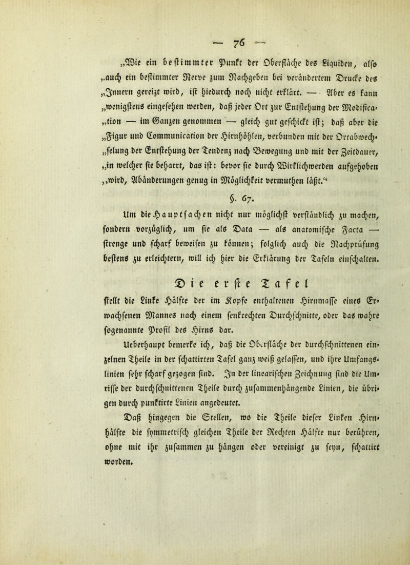 „®ie ein Befiimmfer 9^nnff tee O^etfacf^e teö ^Iquiben, nffo ,.ouc^ ein bejiimmfer 91ei't>e jum SRöc^geben bei öerdnbertem JJrucfe beö „Innern gereift mirb, ifi ^ieburc^ nod^ nic^t erfiarf. — Sibec es fann „roenigjlens eingefe§en werben, bop jebec Orr ^nr (Snffle^ung ber iÜZobiji'ca^ „rion — im ©anjen genommen ‘— gfeic^ gut gefc^icft i|l; ba^ aber bie „§igur nnb ©ommnnicarion bet ^irn§b§(en, üerbnnben mit ber Orrobwec^* „feinng ber ©ntfle^ung ber ^lenbenj nac^ 53ett)egnng unb mir ber ßeirbaner, „in weicher fte be^arrt, baS ifi: bet>or fie burc^ ®irf(tc^n>erben aufgehoben „wirb, 5(bdnberungen genug in SDibgfid^feit bermuthen Idpr/‘ §. Ö7. Um bie^auprfad^cn nic^r nur mogfid^fi berjldnbfic^ ju moc^en, fonbern borjugfich, um fte afs 2)ara — afs anaromifd^e gacta — firenge unb fc^arf hmeifm ju fonnen; fofgfich auch 3iachprufung befienS 5U erleid^rern, wiü ich ^itv bie ©rfidrung ber ^afein einfd^afren. ®ie erfte :tafe( fiettr bie £infe ^dlfte ber im ^opfe entnahmen .^irnmaffe eines ©r* wachfenen 9)?anneS nach einem fenfret^ren ^surd^fd^nitte, ober bas wa§rc fogenanntc ^^rofif bes ^irnS bar. Ueberhaupt bemerfe ich, ba§ bie Obafldche ber burchf<bnirfeuen ein* Hefnen ber fchattirten “^afet ganj weip geiaffen, unb ihre Umfangs* iinien fehr ft^arf gezogen ftnb. 3^* ber iinearifchen ^eid^nung ftnb bie Um» riffe ber burchfd^nittenen ^heife burch jufommenhdngenbe Linien, bie übri» gen bur^ punftirte Linien angebeutet. 50a§ bie ©refien, wo bie biefer £infen .^irn» hdffre bie fpmmerrifch gleichen ber Sied^ren .^dffre nur berühren, ohne mit ihr äufammen ju hangen ober oereinigt 5U fepn, fd^attirt worben»