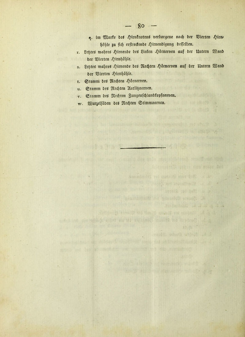 q. im 5}Jacfe beö ,^lrnfnotenö verborgene nacf> ber 23ierten .^(rm ^5t)(e ju |td) erfirecfenbe ^(rnenbigung bef]el6en. r, Sef^teö tt)af)re6 ^Irneabe beö Stnfen »^örnerven auf ber Untern SBanb ber 23terten ^irnl)6i)(e. s, getjteö n)ai)reei ^irnenbe beö Svc^ten ^Srnerven auf ber Untern SSJanb ber 93ierten ^irn()6t)(e. t. 0tamm beS Siechten ^örnerven. u. 0tamm beö Steckten 2intti|nerven. V. ®tamm beö Svecbten Sungenfdjlunbeopfnerven. w. SBurielfäben beö Steiften ©tlmmncrven.