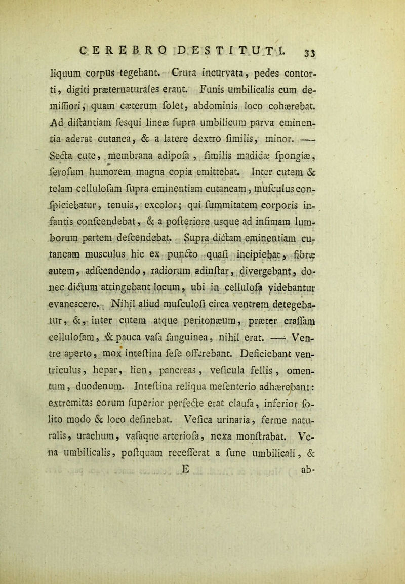 liquum corpus tegebant. Crura incurvata, pedes contor- ti, digiti prasternaturales erant. Funis umbilicalis cum de- miHiori, quam caeterum folet, abdominis loco cohasrebat. Ad diflantiam fesqui lineae fupra umbilicum parva eminen- tia aderat cutanea, & a latere dextro fimilis, minor. — Seda cute, membrana aaipofa , fimilis madida; fpongiae, ferofum humorem magna copia emittebat. Inter cutem & telam cellulofam fupra eminentiam cutaneam, mufculuscon- fpiciebatur, tenuis, excolor; qui fummitatem corporis in- fantis confcendebat, & a pofleriore usque ad infimam lum- borum partem defcendebat. Supra didam eminentiam cu- taneam musculus hic ex pundo quafi incipiebat, fibrae autem, adfcendendo, radiorum adinftar, divergebant, do- nec didum attingebant locum, ubi in cellulofa videbantur evanescere. Nihil aliud mufculofi circa ventrem detegeba- tur, &, inter cutem atque peritonasum, praeter crajTam cellulofam, & pauca vafa fanguinea, nihil erat. —- Ven- * tre aperto, mox inteftina fefe offerebant. Deficiebant ven- triculus, hepar, lien, pancreas, veficula fellis , omen- tum, duodenum. Inteflina reliqua mefenterio adhaerebant: extremitas eorum fuperior perfede erat claufa, inferior fo- lito modo & loco definebat. Vefica urinaria, ferme natu- ralis , urachmn, vafaque arteriofa, nexa monflrabat. Ve- na umbilicalis, poftquam recefferat a fune umbilicali, & E ab-