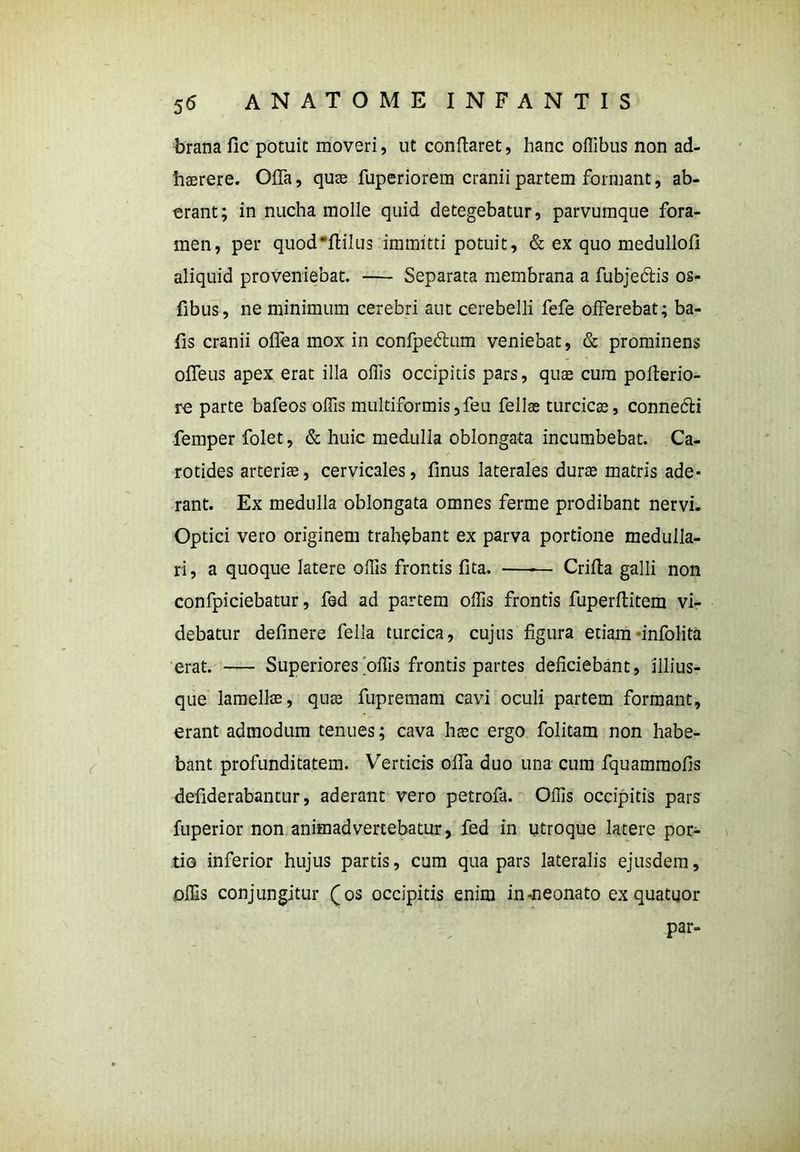 brana fic potuit moveri, ut conflaret, hanc offibus non ad- haerere. Offa, quae fuperiorem cranii partem formant, ab- erant; in nucha molle quid detegebatur, parvumque fora- men, per quod^ffcilus immitti potuit, & ex quo medullofl aliquid proveniebat. — Separata membrana a fubjeclis os- fibus, ne minimum cerebri aut cerebelli fefe offerebat; ba- fis cranii offea mox in confpedhim veniebat, & prominens offeus apex erat illa offis occipitis pars, quae cura pofterio- re parte bafeos offis multiformis,feu fellse turcicae, connefti femper folet, & huic medulla oblongata incumbebat. Ca- rotides arteriae, cervicales, finus laterales durae matris ade- rant. Ex medulla oblongata omnes ferme prodibant nervi- Optici vero originem trahebant ex parva portione medulla- ri, a quoque latere offis frontis fita. Criffa galli non confpiciebatur, fed ad partem offis frontis fuperftitem vi- debatur definere fella turcica, cujus figura etiam infolita erat. — Superiores offis frontis partes deficiebant, illius- que lamellae, quae fupremam cavi oculi partem formant, erant admodum tenues; cava haec ergo folitam non habe- bant profunditatem. Verticis offa duo una cum fquammofis defiderabantur, aderant vero petrofa. Offis occipitis pars fuperior non animadvertebatur, fed in utroque latere por- tio inferior hujus partis, cum qua pars lateralis ejusdem, offis conjungitur (os occipitis enim in-neonato ex quatuor par-