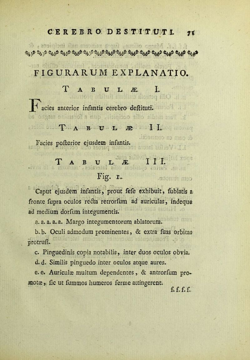 ' • , : .'“'r , . ' o . % f ^ ^ FIGURARUM EXPLANATIO. Tabula I. JP*acies anterior infantis cerebro deftituti. . ; ' .tgsir? f- ‘ uro-  f .p. . -y i'i'U ; r , -t T a b v iu m II. Facies pofterior ejusdem infantis. Tabula III. - • * ■ • - ?■; ' • t * . f i : • Fig. r.. r ■ *• - ’ ' - • • v - • ..... Caput ejusdem infantis, prout fefe exhibuit, fublatis a fronte fupra oculos redfo retrorfum ad auriculas, indequ® ad medium dorfum integumentis. a. a. a. a. a. Margo integumentorum ablatorum. b. b. Oculi admodum prominentes, & extra fuas orbitas protrufi. c. Pinguedinis copia notabilis, inter duos oculos obvia. d. d. Similis pinguedo inter oculos atque aures. e. e. Auriculas multum dependentes, & antrorfum pro- mota;, fic ut fumtnos humeros ferme attingerent. £f.f.f.