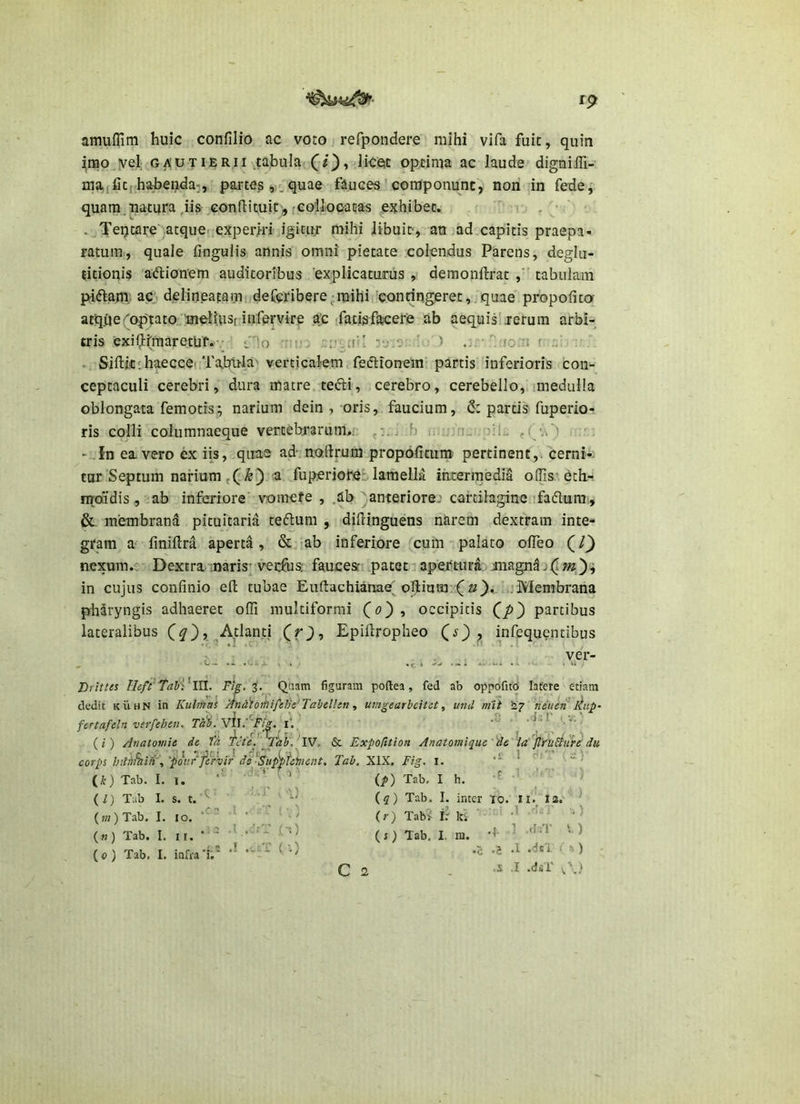 amuflim huic confilio ac voto refpondere mihi vifa fuit, quin inao yel gautierii tabula liCQC optima ac laude dignilfi- maifiC[habenda;, partes quae fauces componunt, non in fede, quam.natura iis condituitj, [Collocatas exhibet. . Teptare atque experiri igicu-r mihi libuit-, an ad capitis praepa- ratum, quale fingulis annis omni pietate colendus Parens, deglu- titionis adiionem auditoribus explicaturus , demonftrat ,’ tabulam pidam, ac delineafam defcribere-mihi 'contingeret,.quae propofico atqiie(optato meliusr infervire ac'fatis^facere ab aequis rerum arbi- tris exill:i;maretUf. l Io , ;■ ;i '. :u - ' > fO :i r . . Siftitf haeccei Tabtjla' verticalem fedionem partis inferioris con- ceptaculi cerebri, dura matre tedi, cerebro, cerebello, -medulla oblongata femoris.; narium dein , oris, faucium, & parcis fuperio- ris colli columnaeque vertebrarum.n ■ f- J -' ‘ - In ea vero ex iis, quae ad noftrum propofitum pertinent,, cerni- tur Septum narium a fuperioi^: laraelhl intermedia odis Cth- nroidis, ab inferiore vomefe , .ab ^anteriore: cartilagine fadura, & membrana pituitaria tedum , diilinguens narem dextram inte- gram a fmiflra aperta, & -ab inferiore cuhi palato olTeo (/^ nexum.; Dextra maris-veit&s; faucesr patet apertura jnagn^..(»z); in cujus confinio efl; tubae Eudachianae; . Membrana pharyngis adhaeret offi multiformi (o), occipitis Qp') partibus lateralibus (^), ^Atlanti Epifiropheo (jj) , infequentibus , ver- D ritus Fi^, i. Quam fig-aram poftea, fed ab oppofitd lafere etiam dedit KUHN in KulmaS /tn&iorfiiftJh'Tahdltn ^ um^earhcitct, und mii 'z? net/en ihtp- fert/ifeln verfchtn. Tai. Fis. i*.. .i.l j. {i) Auatomie de Td Tct'e. ^fdb'. IV. corps intnhiii'\ ‘pov.rfcrvtr de ‘Sup^te^ient. ik) Tab. I. I. •' ’ \ (l) Tab I. s. t. ' ■( (?«) Tab. I. IO. ■  ( ‘ ' («) Tab. I. II. • - ■' (e) Tab, I. inftaT.' “ ^ & Expo/ition Aaatomique de la fl'ru&'ure du Tab. XIX. Fig. 1. ^ (p) Tab, I h.  (q) Tab. I. inter lo. Ii.. t2. (r) Tah> i' ICi ■ ■ ‘ ' (j) Tab, I. in. ^ .0 .2 -1 ^ ^ ) Q 2 . v’..*