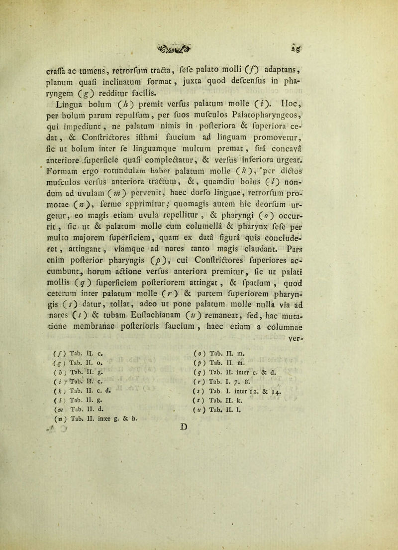 mlTa ac tumens, retrorfum trafta, fefe palato molli (/) adaptans, planum quafi inclinatum format, juxta quod defcenfus in pha- ryngem Cg} redditur facilis. Lingua bolum (A) premit verfus palatum molle (/}. Hoc, per bolum parum repulfum, per fuos mufculos Palatopharyngeos, qui impediunt , ne palatum nimis in pofteriora & fuperiora ce- dat , & Conftridlores ifthmi faucium ad linguam promovetur, fic ut bolum inter fe linguaraque multum premat, fua concavat anteriore .fuperficie quafi compledlatur, & verfus inferiora urgeat. Formam ergo rotundulam habpt palatum molle (^),‘per didlos mufculos verfus anteriora tradum, &, quamdiu bolus (l) non- dum ad uvulam (^m) pervenit, haec dorfo linguae, retrorfum pro- motae ferme apprimitur,- quomagis autem hic deorfum ur- getur, eo magis etiam uvula repellitur, & pharyngi (o) occur- rit , fic ut & palatum molle cum columella & pharynx fefe per multo majorem fuperficiem, quam ex dat^ figura quis conclude- ret , attingant, viamque ad nares tanto magis claudant. Pars enim pofterior pharyngis C/*), cui Conftriftores^ fuperlores ac- cumbunt^ horum aftione verfus anteriora premitur, fic ut palati mollis (^ ) fuperficiem pofieriorem attingat, & fpatium , quod ceterum inter palatum molle (r') & partem fuperiorem pharyn- gis (^) datur, tollat, adeo ut pone palatum molle nulla via ad nares & tubam Euflachianam remaneat, fed, hac muta- tione membranae pofterioris faucium , haec etiam a columnae ver- (f) Tab. II. c. (g ) Tab. II. o, ( h ; Tab. II. g. ( i )• Tab.' II. c. • • ( k i Tab. II. c. d. ( / ) Tab. II. g. {m ) Tab. II. d. (w) Tab. II. inter g. & h. I (o) Tab. II. in. (p) Tab. II. m. (q) Tab. II. inter' c. & d. (r) Tab, I. 7. 8. {5) Tab I. inter 12. & 14. ( t) Tab. II. k. ( « ) Tab. II. I. D