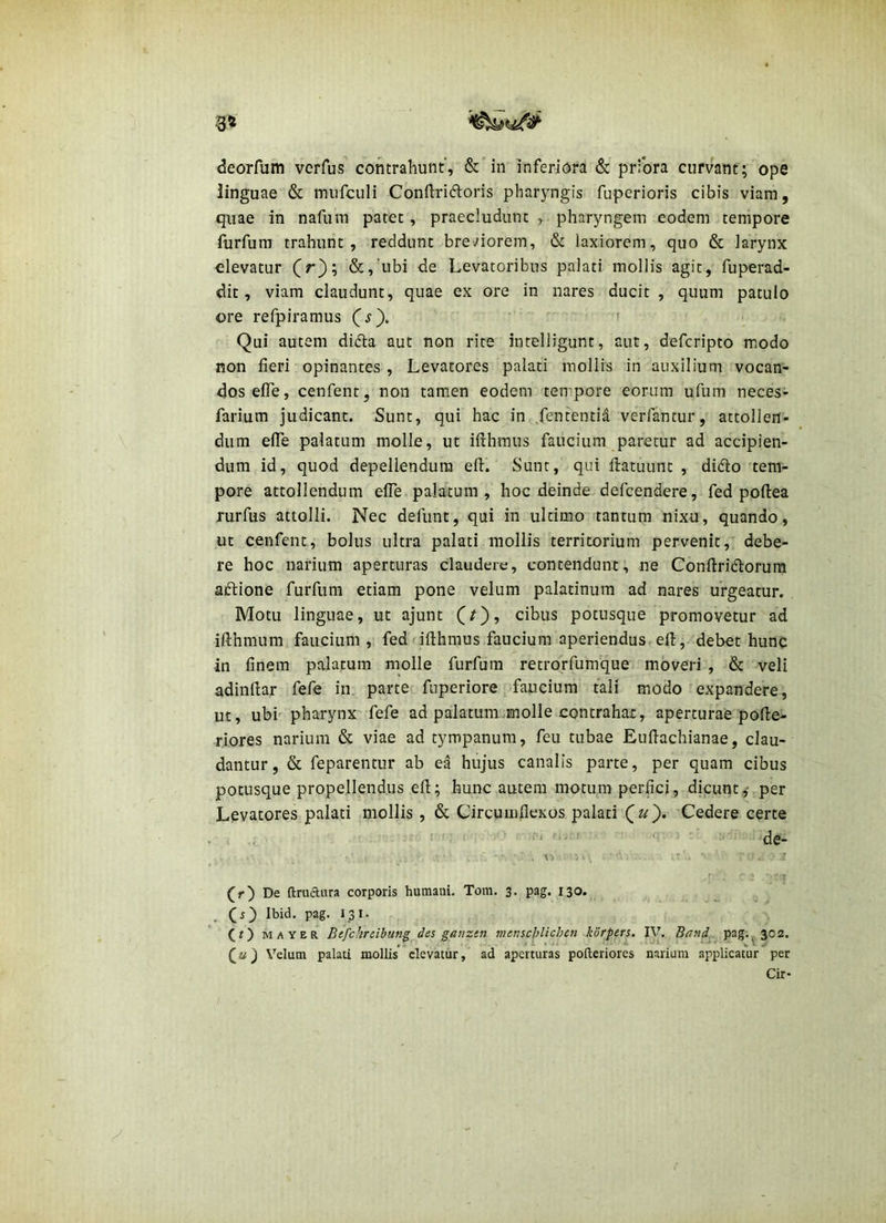 3» deorfum vcrfus contrahunt, &'in inferiora & priora curvant; ope linguae & mufculi Conftriftoris pharyngis fuperioris cibis viam, quae in nafum patet, praecludunt , pharyngem eodem tempore furfum trahunt, reddunt bre^/iorem, & laxiorem, quo & larynx elevatur &,'ubi de Levatoribus palati mollis agit, fuperad- dit, viam claudunt, quae ex ore in nares ducit , quum patulo ore refpiramus (s}. ? Qui autem di<ila aut non rite intelligunt, aut, defcripto modo non fieri opinantes , Levatores palati mollis in auxilium vocan- dos elTe, cenfent, non tamen eodem tempore eorum ufum neces- farium judicant. Sunt, qui hac in Jententia verfantur, attollen- dum efle palatum molle, ut ifthmus faucium paretur ad accipien- dum id, quod depellendum efl. Sunt, qui flatuunt , dido tem- pore attollendum elTe palatum, hoc deinde defcendere, fed poftea rurfus attolli. Nec defunt, qui in ultimo tantum nixu, quando, ut cenfent, bolus ultra palati mollis territorium pervenit, debe- re hoc narium aperturas claudere, contendunt, ne Conflridorum adione furfum etiam pone velum palatinum ad nares urgeatur. Motu linguae, ut ajunt C^), cibus potusque promovetur ad ifthmum faucium, fed iflhmus faucium aperiendus efl, debet hunc in finem palatum molle furfum retrorfumque moveri , & veli adinflar fefe in, parte fuperiore faucium tali modo expandere, ut, ubi pharynx fefe ad palatum .molle contrahat, aperturae pofle- riores narium & viae ad tympanum, feu tubae Euflachianae, clau- dantur, & feparentur ab ea hujus canalis parte, per quam cibus potusque propellendus efl; hunc autem motum perfici, dicunt,- per Levatores palati mollis, & Circumflexos palati Cedere certe ix '■ > de- , r- ■ ■ (r) De ftruclura corporis humani. Tom. 3. pag. 130. (s) Ibid. pag. 131. (r) MAYER Befchrdhun^^dis ganztn menschlichen korpers. IV. Band^ pag.^ 302. Velum palati mollis* elevatur, ad aperturas polleriores narium applicatur per Cir-